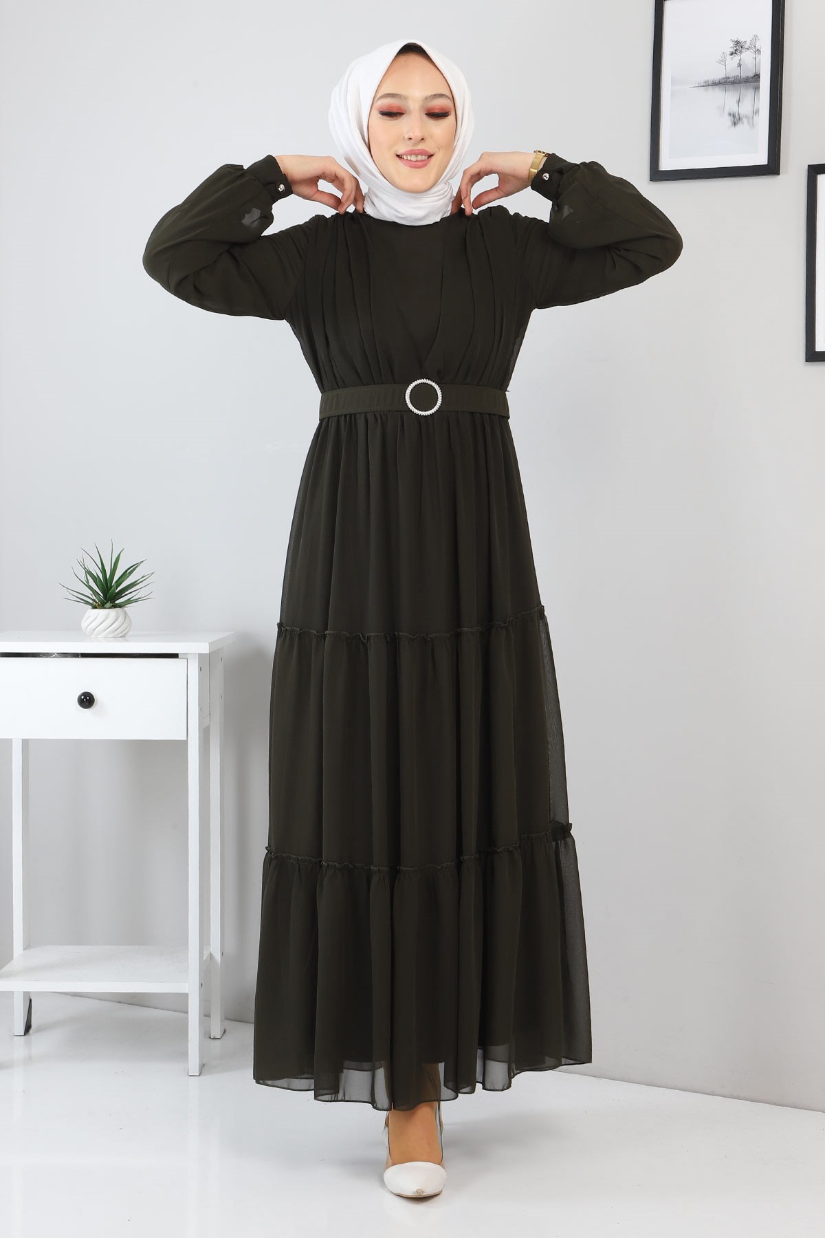 Kemerli Şifon Elbise Haki 12700