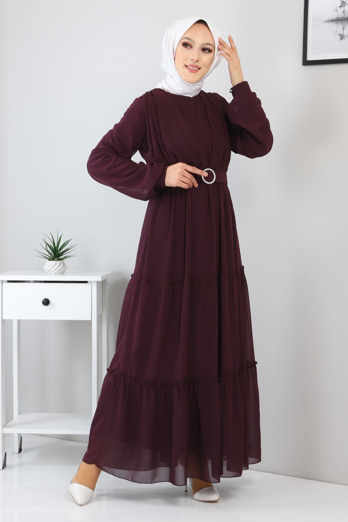 Kemerli Şifon Elbise Mürdüm 12700