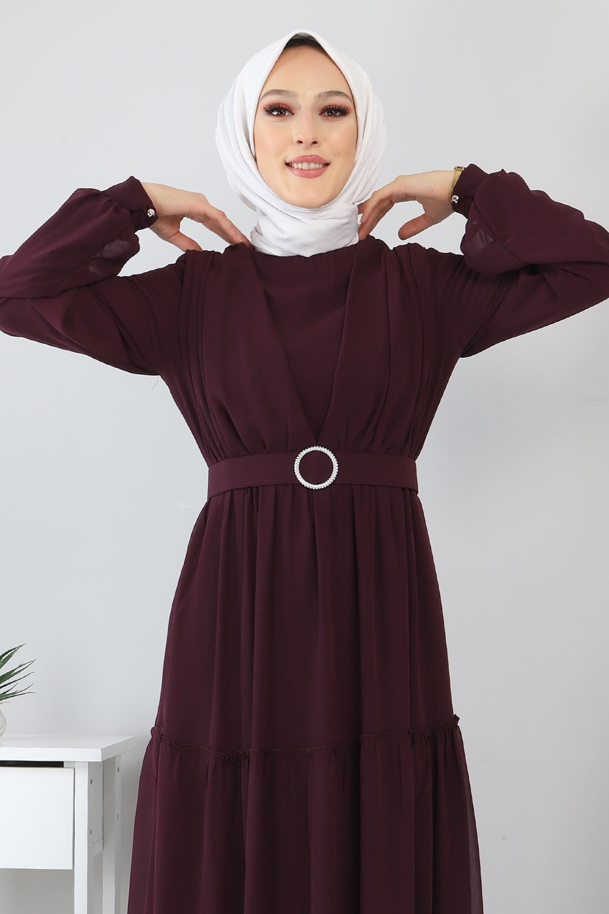 Kemerli Şifon Elbise Mürdüm 12700