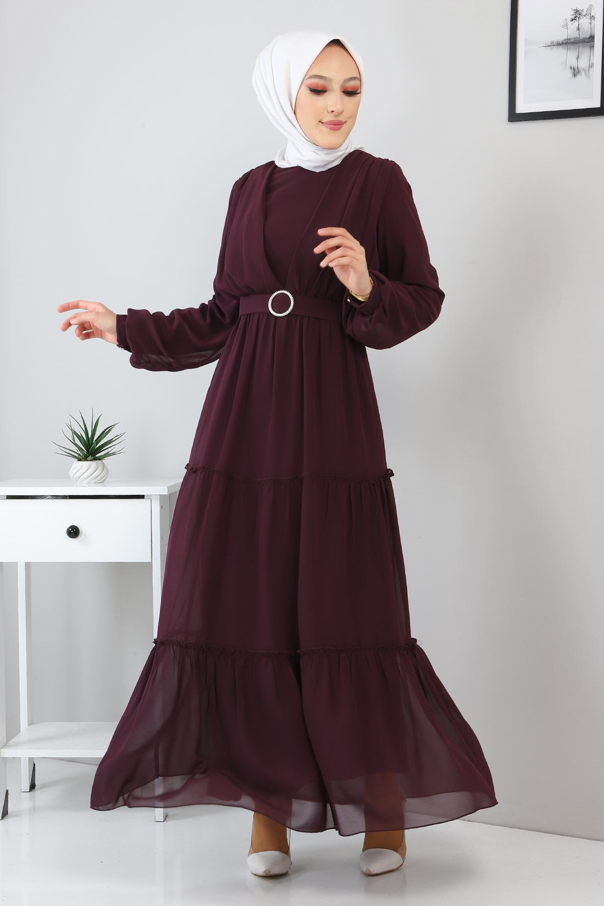 Kemerli Şifon Elbise Mürdüm 12700