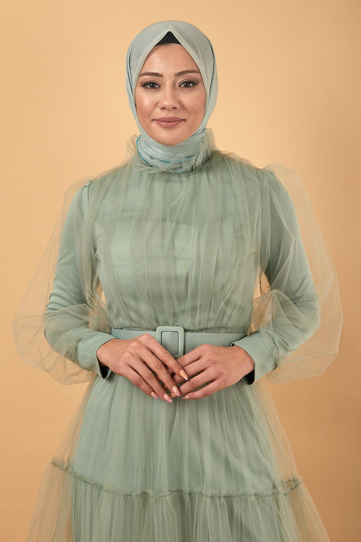 Kemerli Tül Abiye Mint 12217