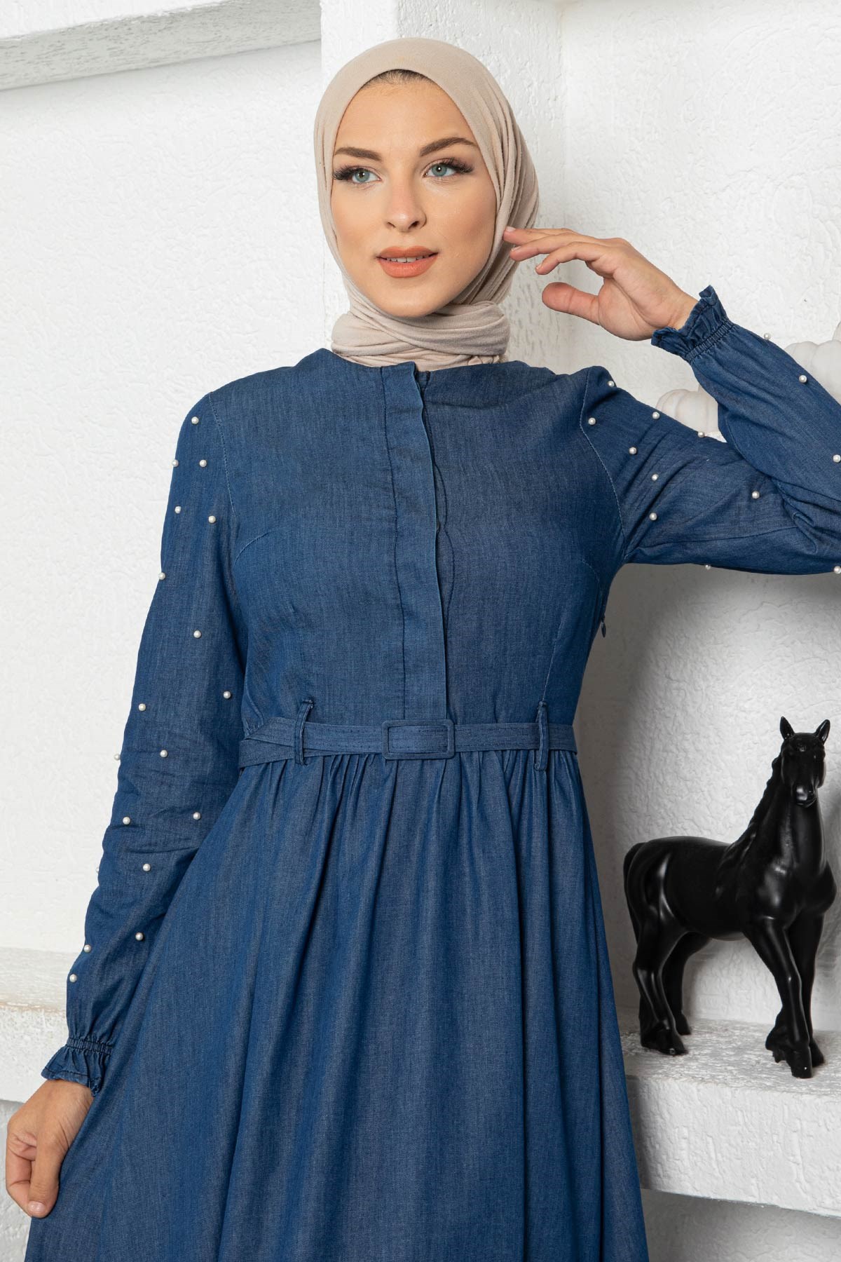 Kolu İncili Kot Elbise Koyu Kot 8994