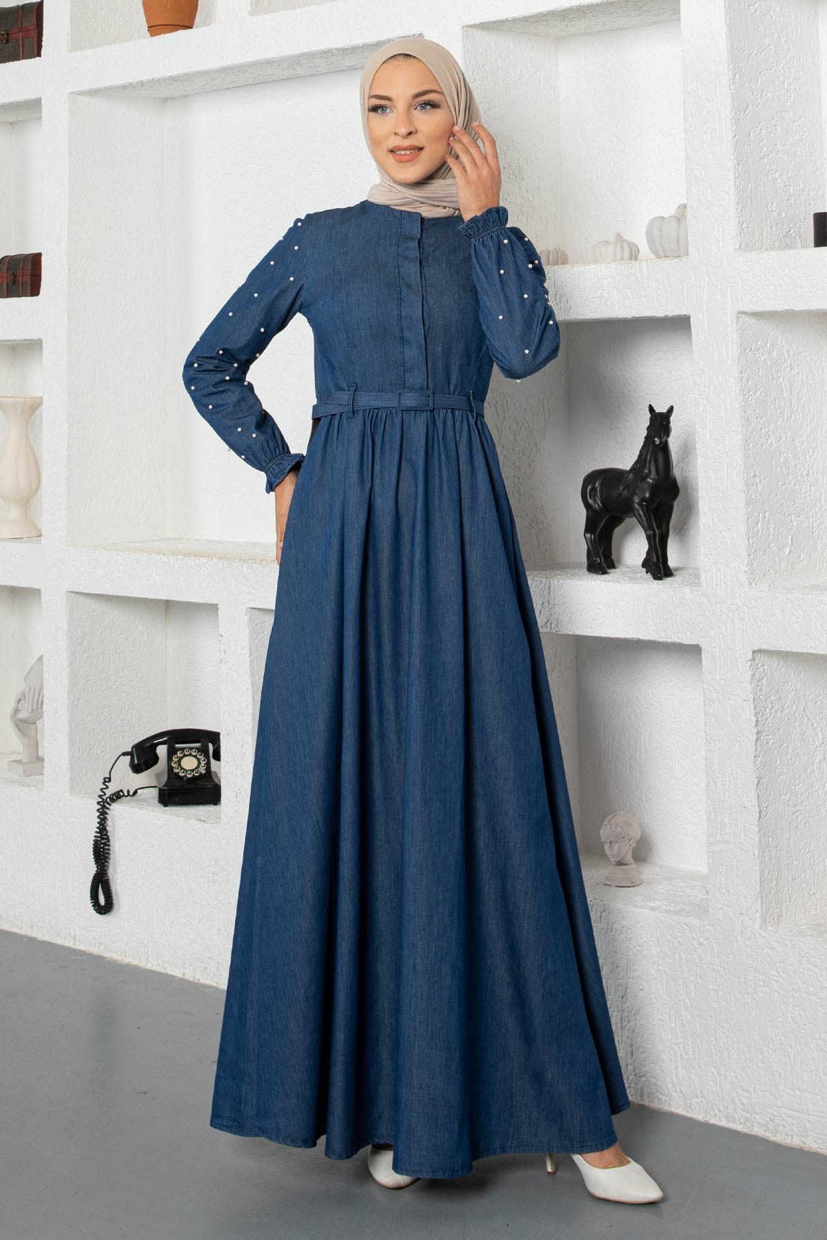 Kolu İncili Kot Elbise Koyu Kot 8994