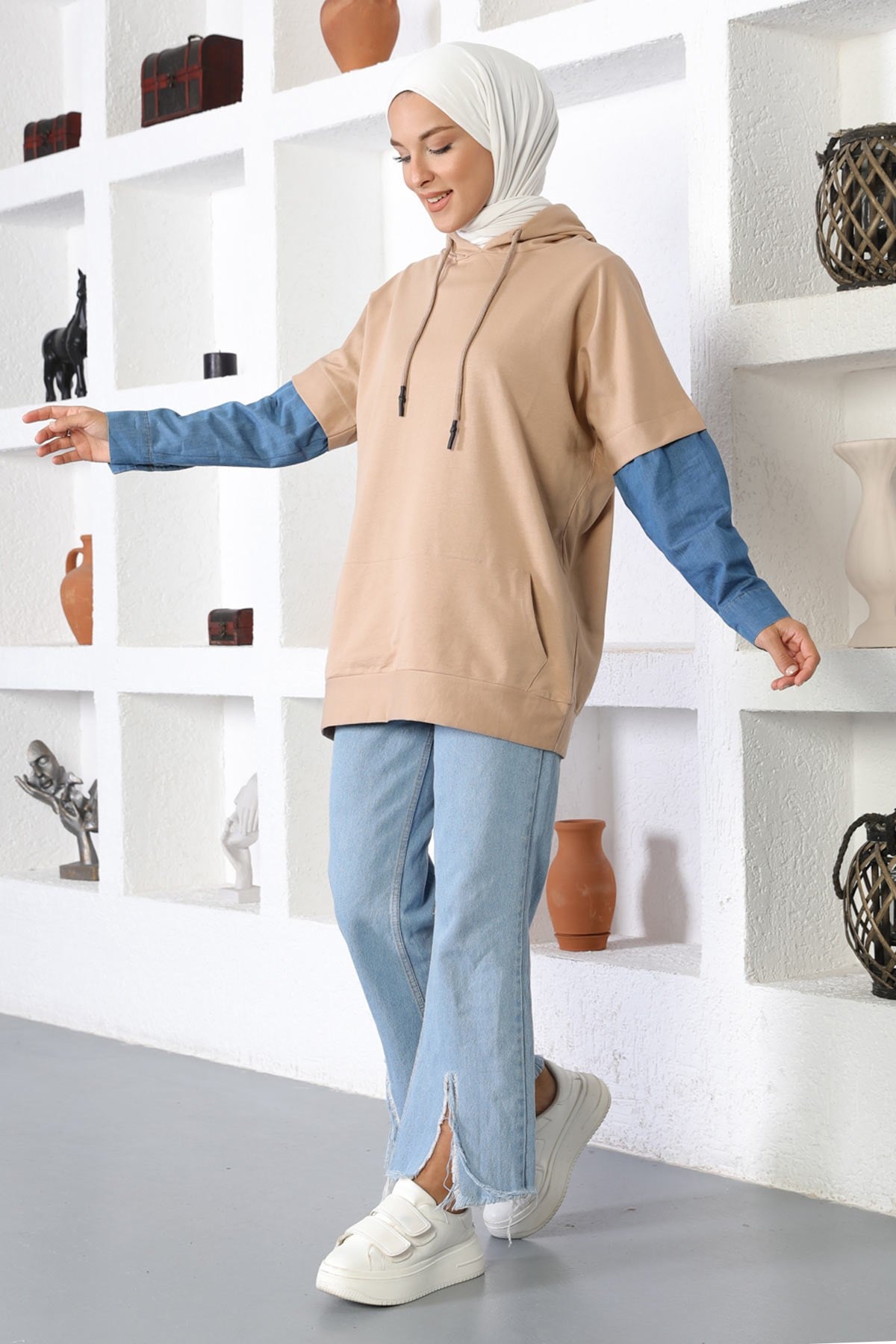 Kot Detaylı Sweatshirt Vizon 6041