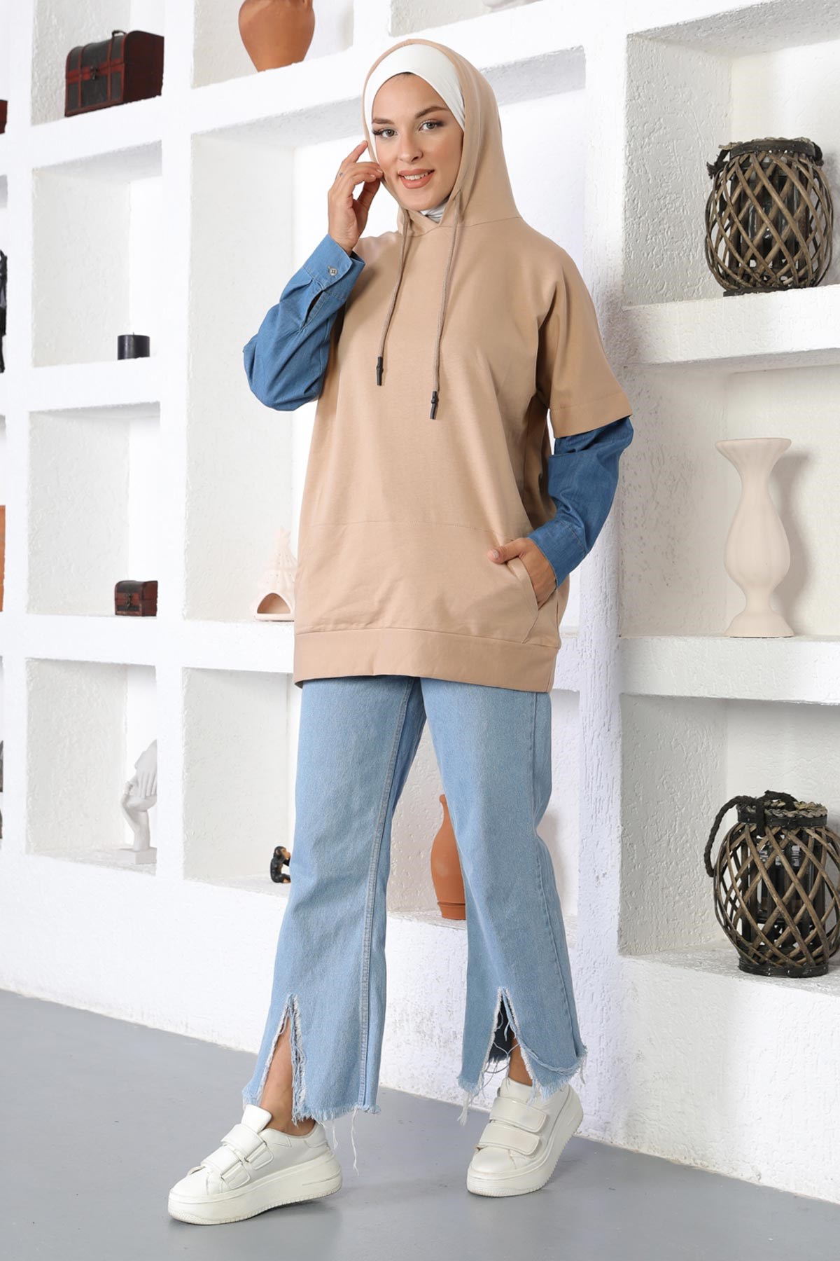 Kot Detaylı Sweatshirt Vizon 6041