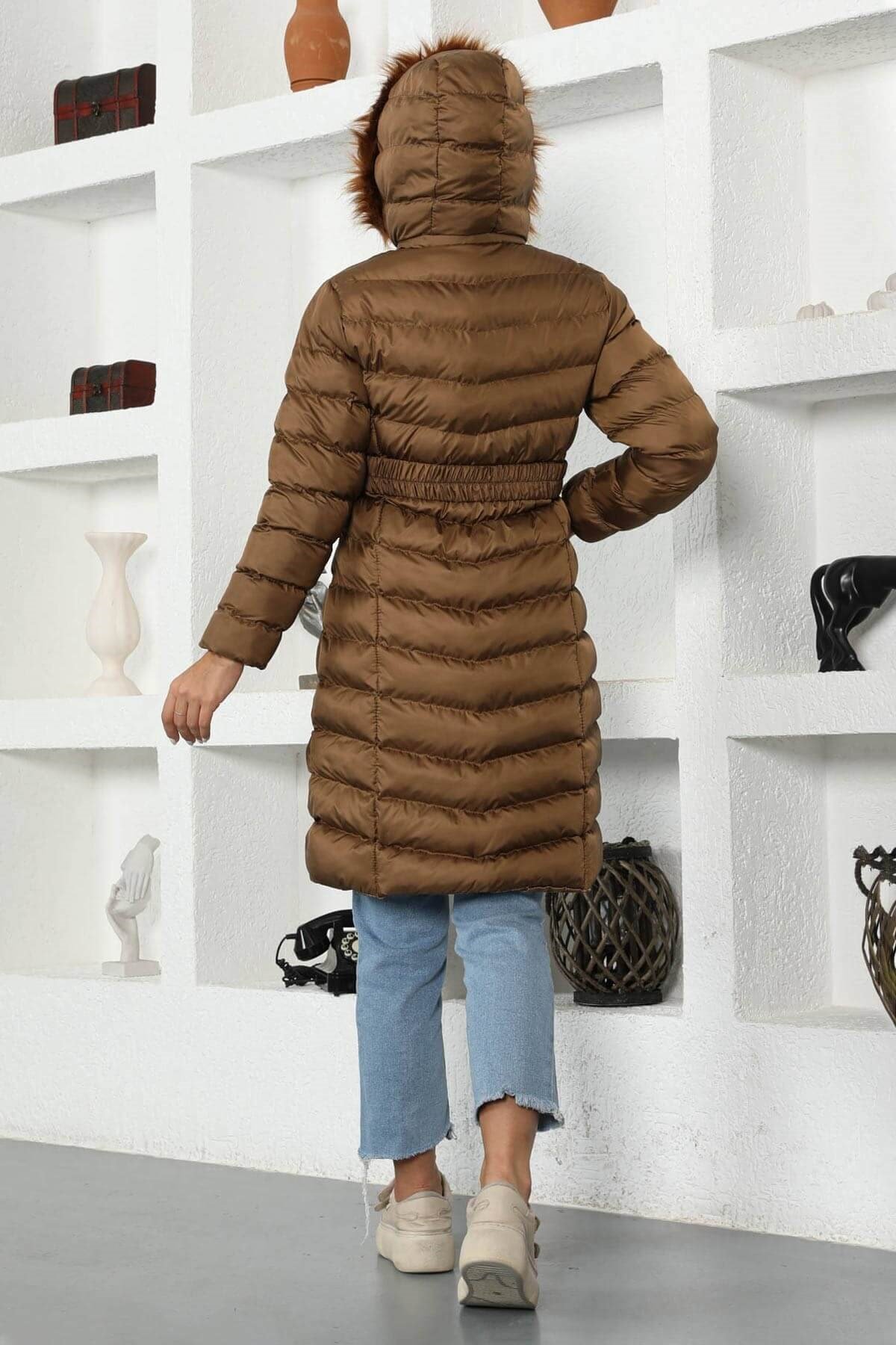 Kürk Kapşonlu Şişme Mont Taba 9467