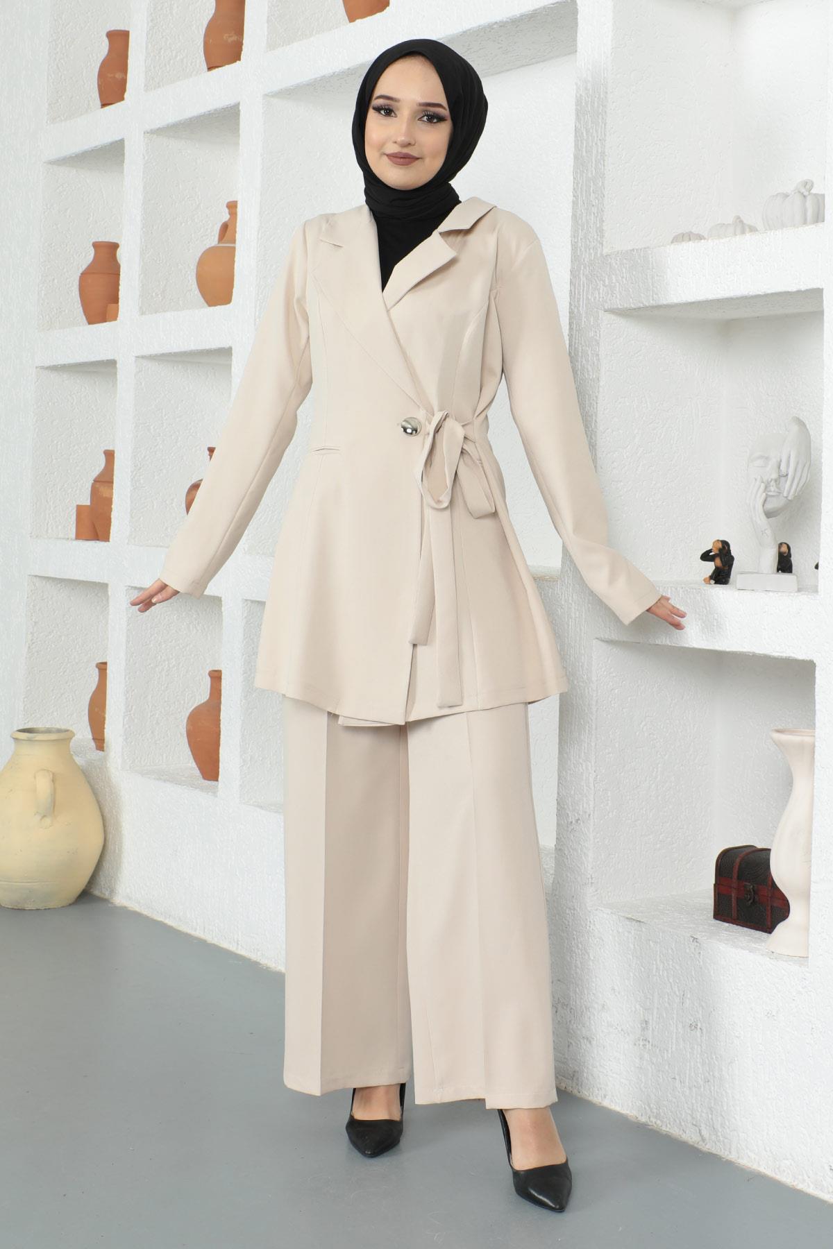 Kuşak Detaylı Takım Bej Bej MSW19106-3