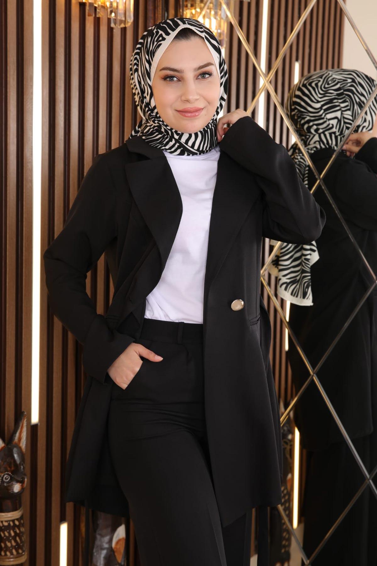 Kuşak Detaylı Takım Siyah Siyah MSW19106-1