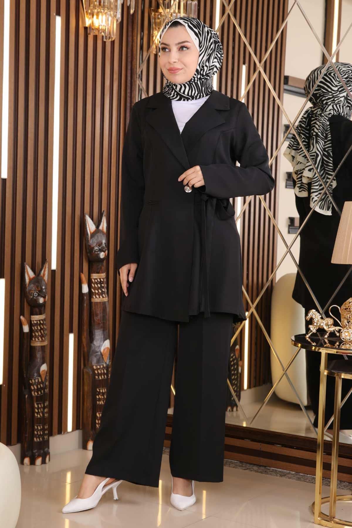 Kuşak Detaylı Takım Siyah Siyah MSW19106-1