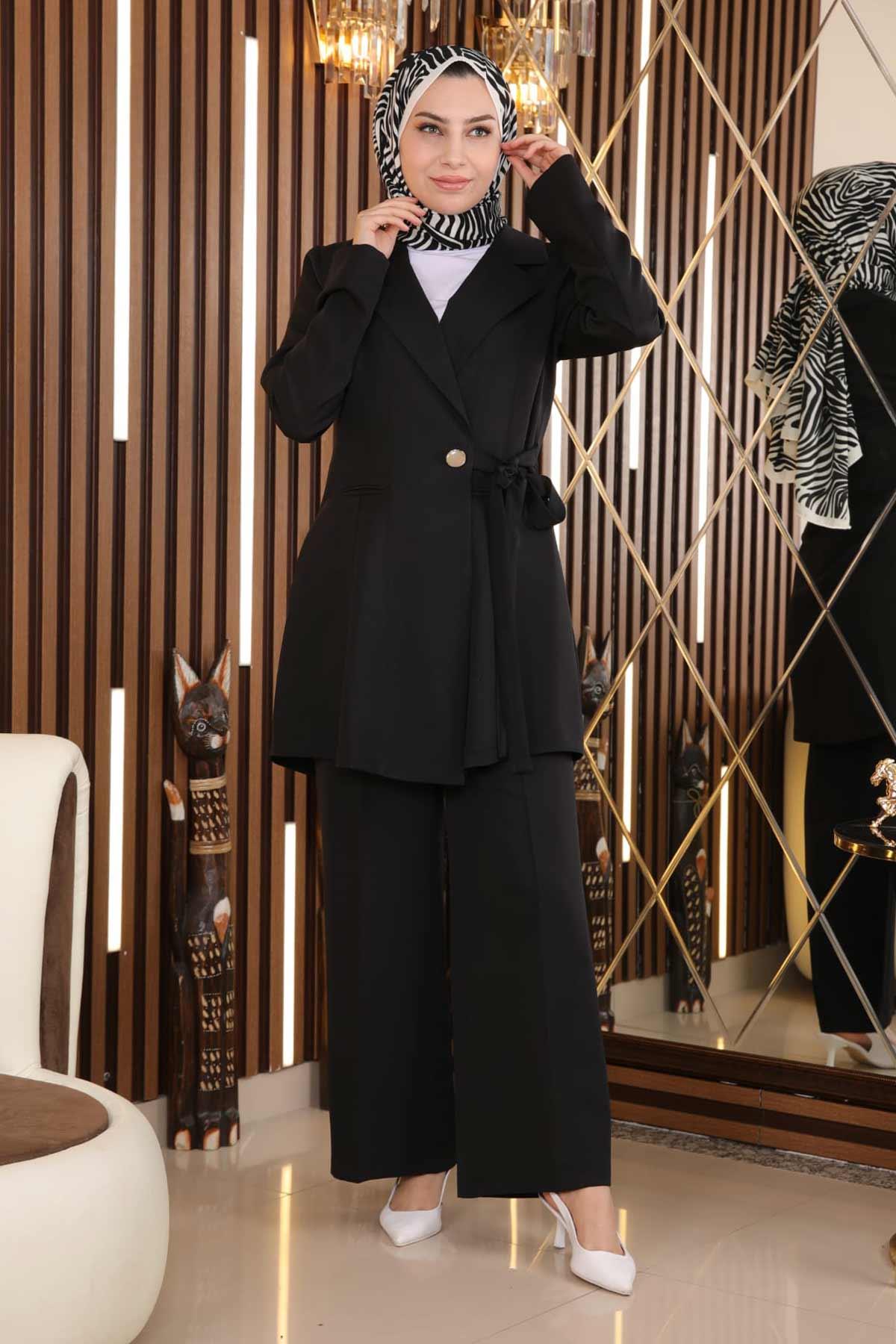 Kuşak Detaylı Takım Siyah Siyah MSW19106-1