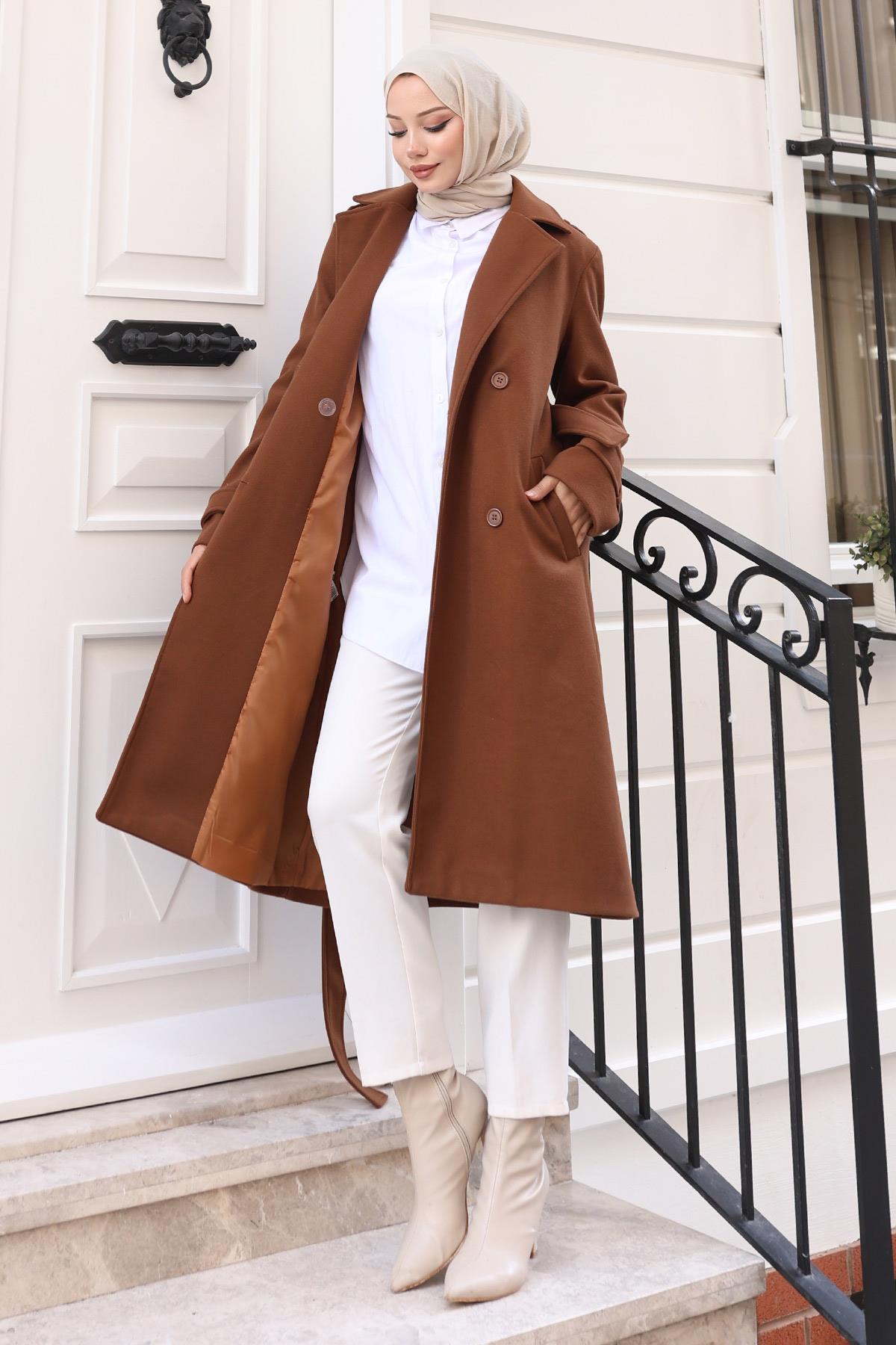 Kuşaklı Kaşe Kaban Kahverengi 19271