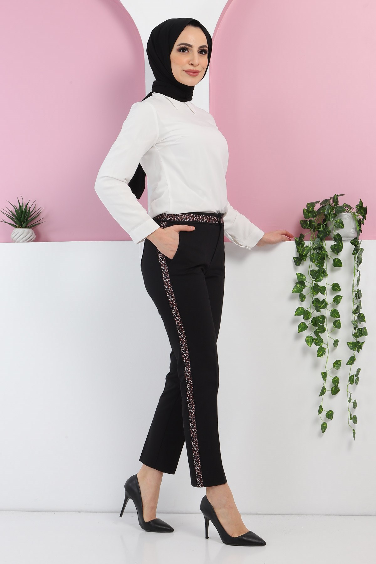 Leopar Desenli Pantolon Siyah 6019