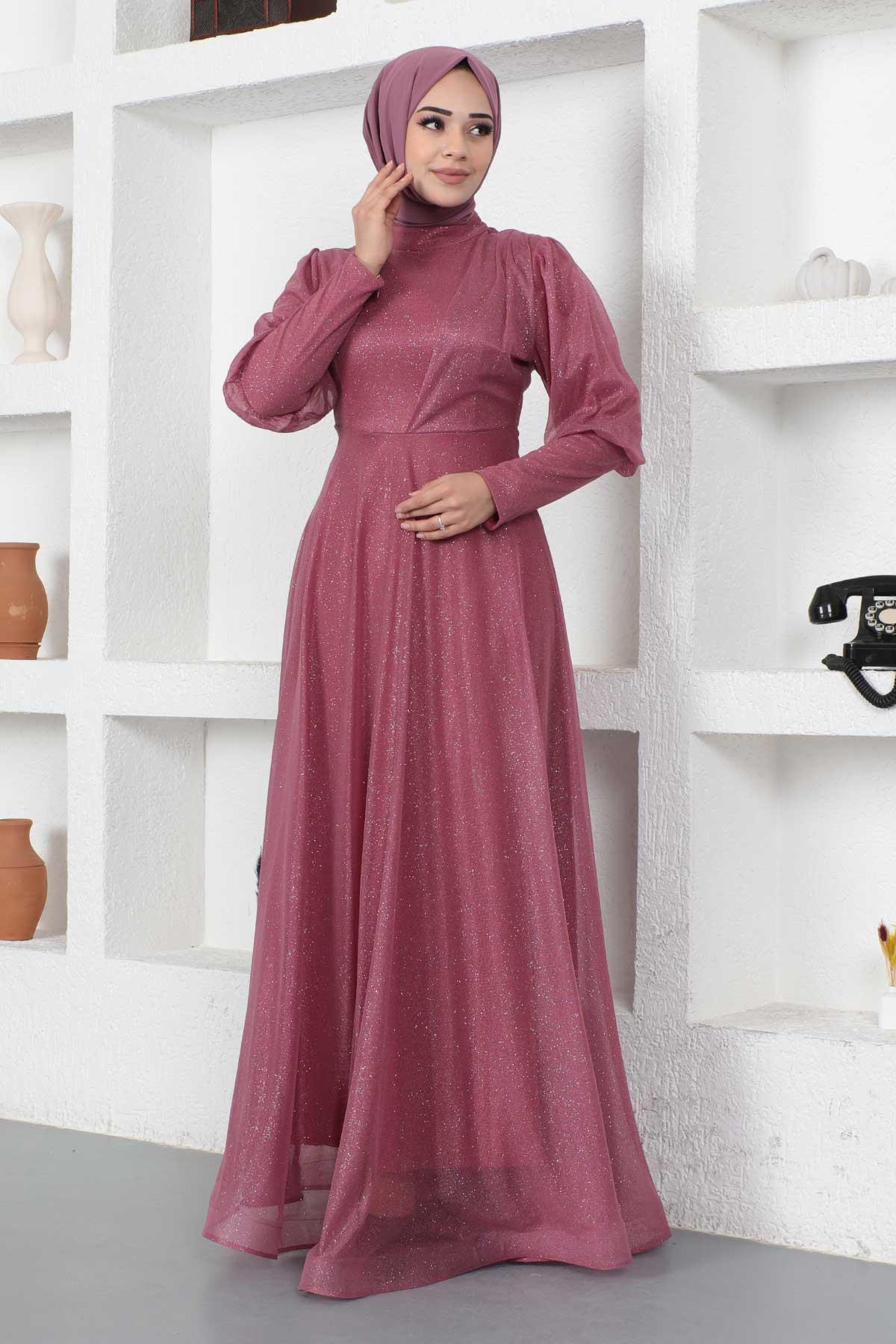 Manşeti Fermuar Detaylı Simli Abiye Gül Kurusu 12253