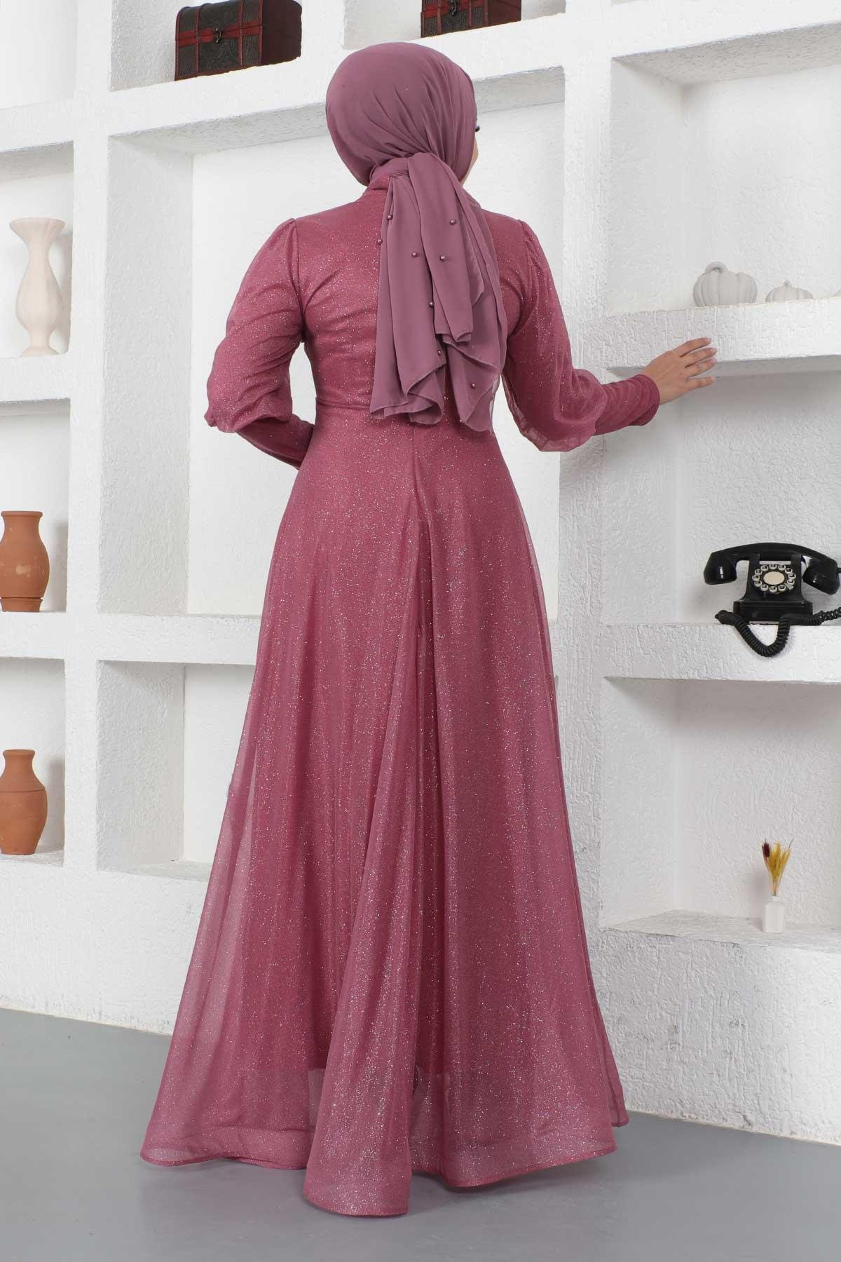 Manşeti Fermuar Detaylı Simli Abiye Gül Kurusu 12253