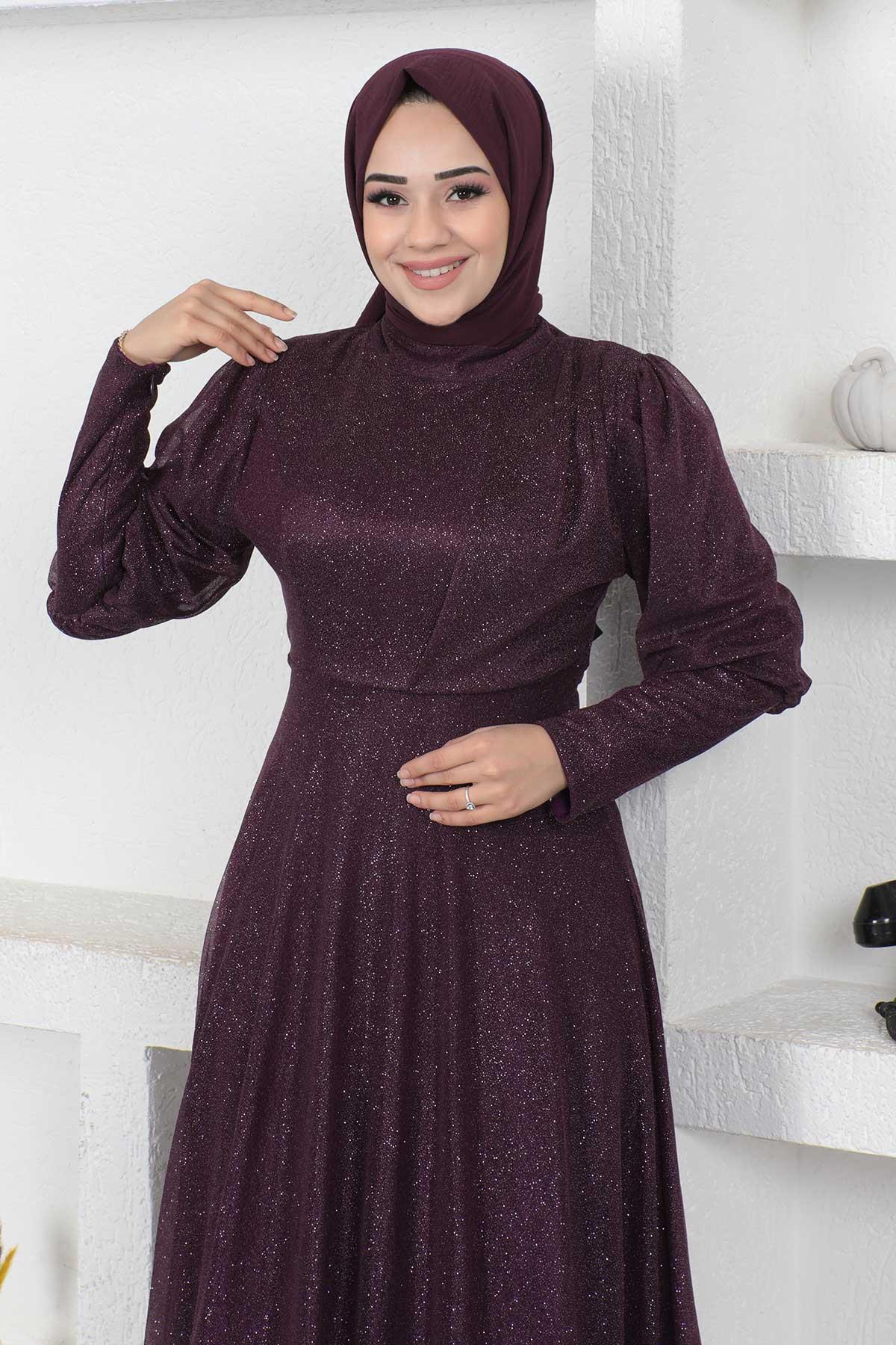 Manşeti Fermuar Detaylı Simli Abiye Mor 12253