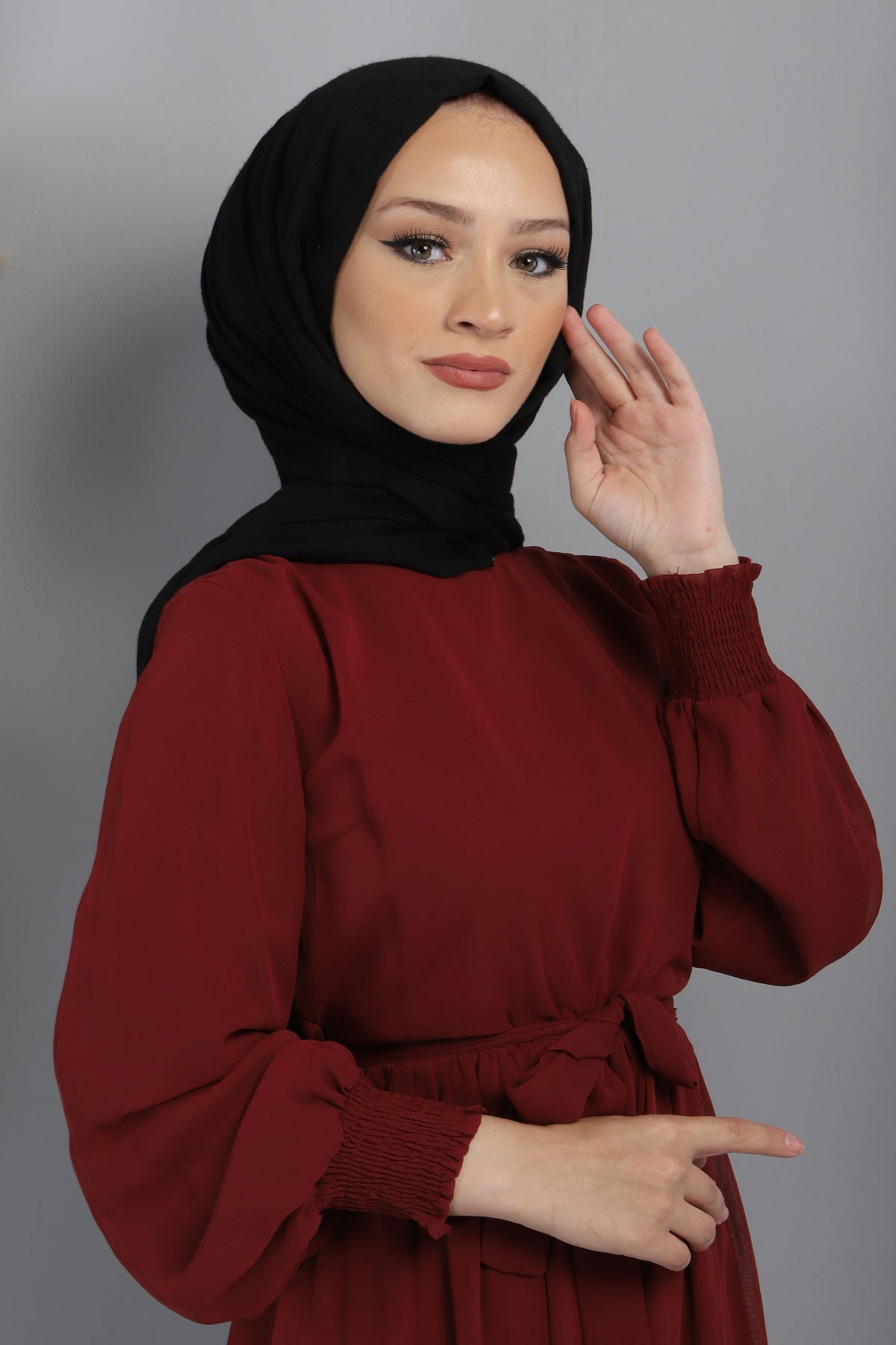 Manşeti Lastikli Şifon Abiye Bordo 12002