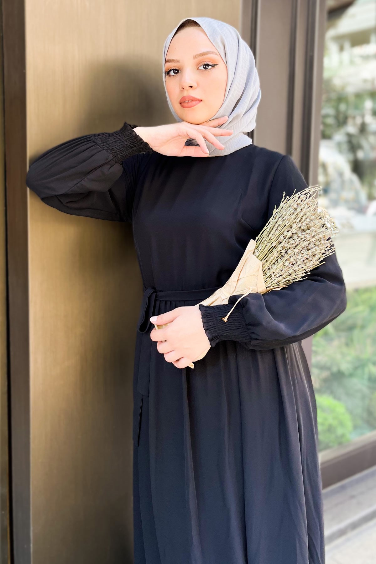 Manşeti Lastikli Şifon Abiye Siyah 12002