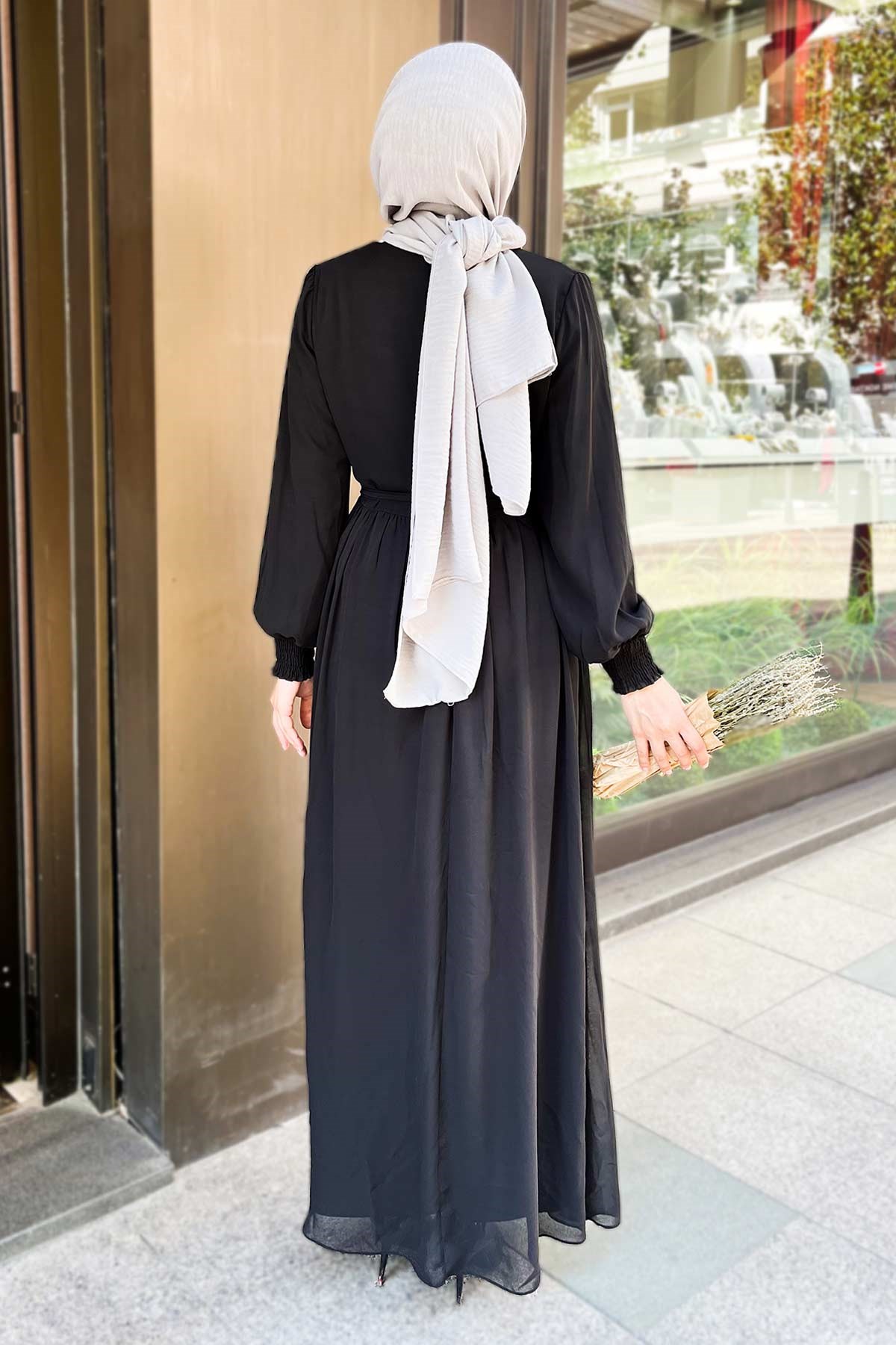 Manşeti Lastikli Şifon Abiye Siyah 12002