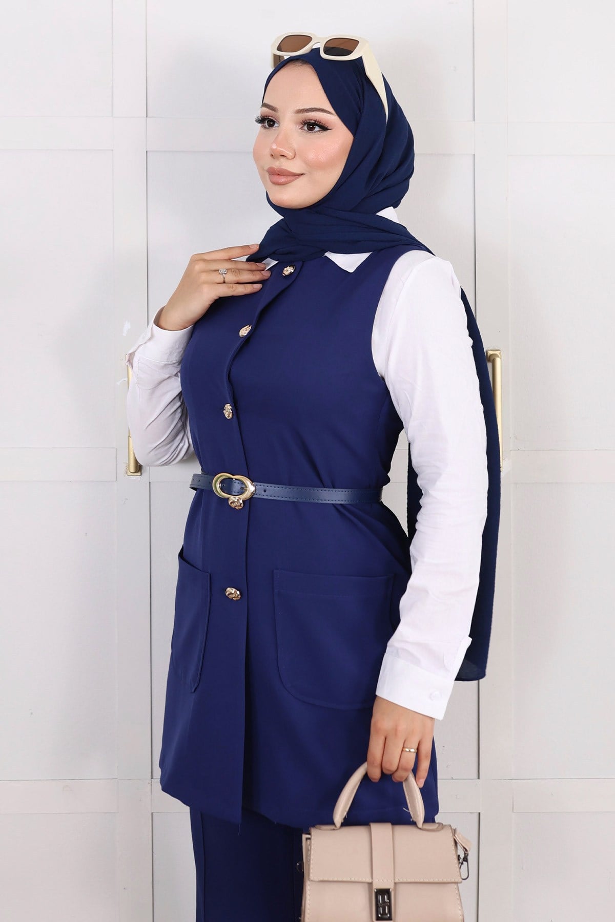 Meyra Kemerli Düğmeli Yelek Pantolon Takım İndigo 1305