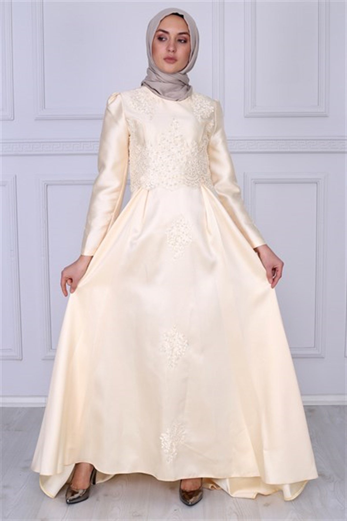 Micro Kumaş Detaylı Tesettür Abiye Sarı Sarı 8619-8-46