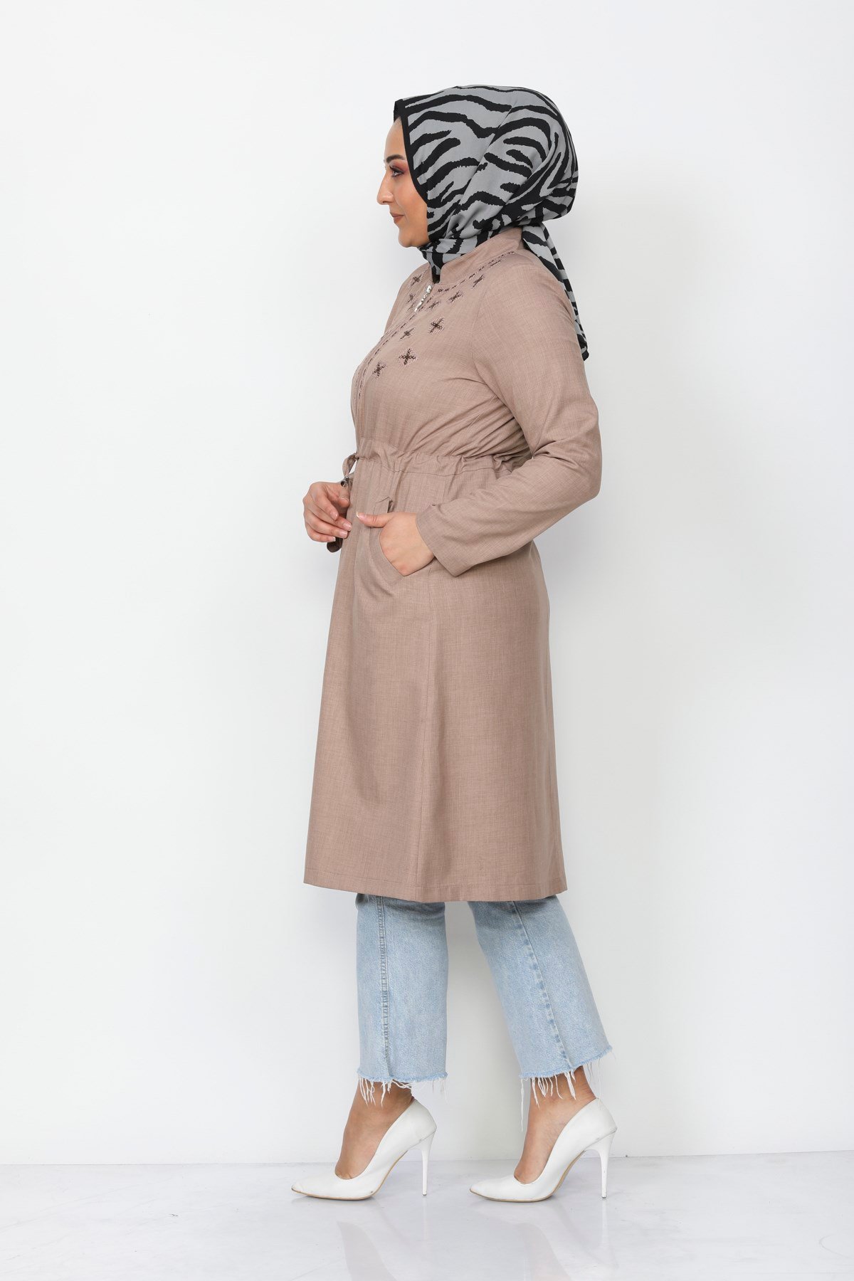 Nakış Detaylı Tesettür Kap Krem Krem 807-3