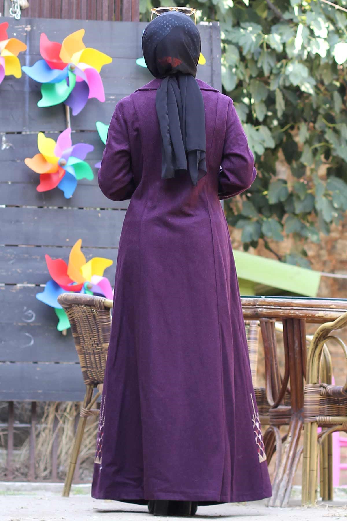 Nakış Detaylı Tesettür Kaşe Mor Mor 10159-7