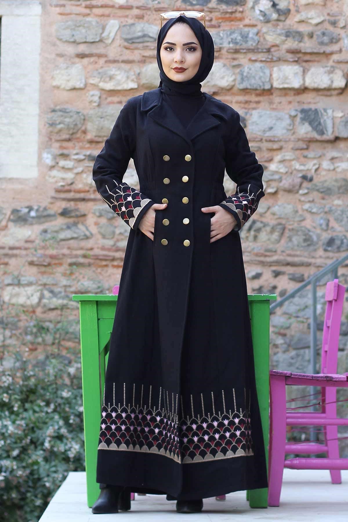 Nakış Detaylı Tesettür Kaşe Siyah Siyah 10159-1