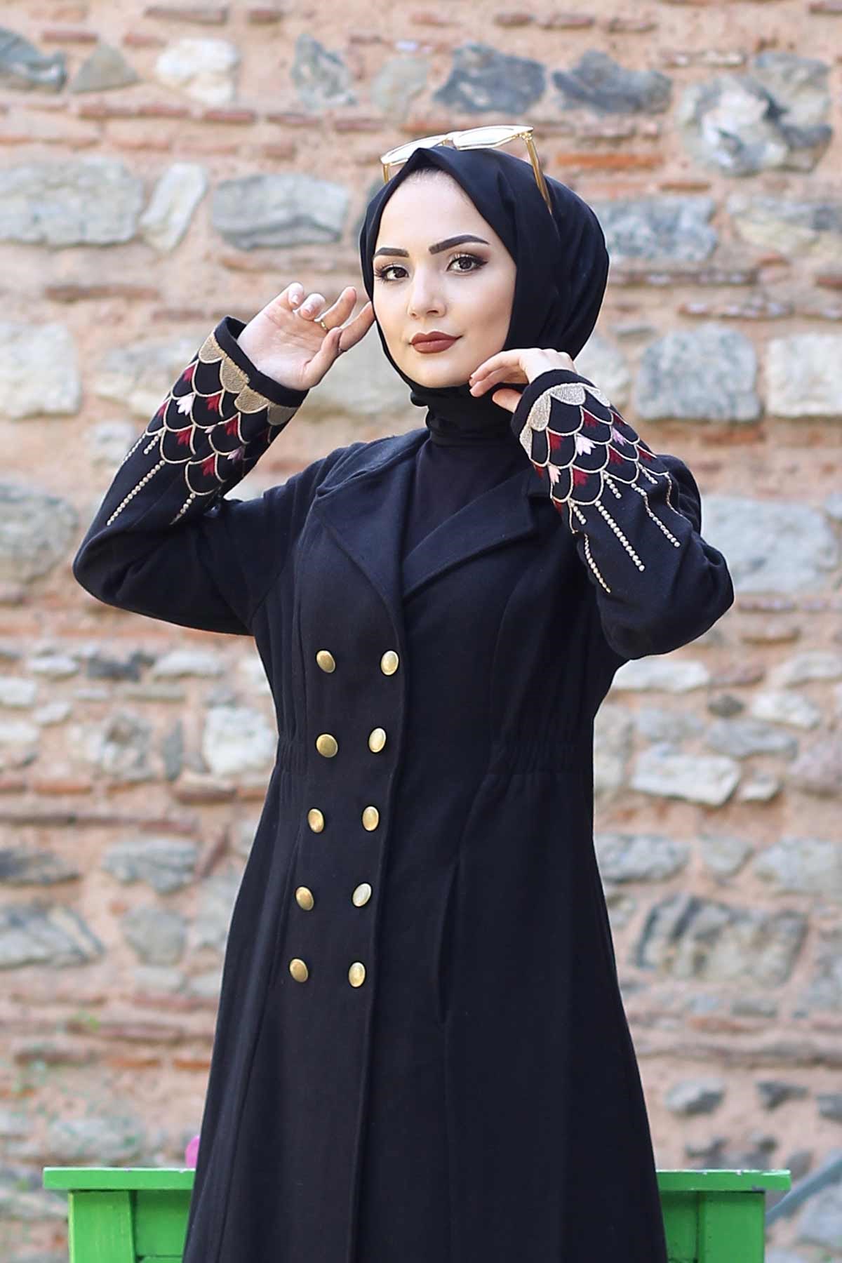 Nakış Detaylı Tesettür Kaşe Siyah Siyah 10159-1