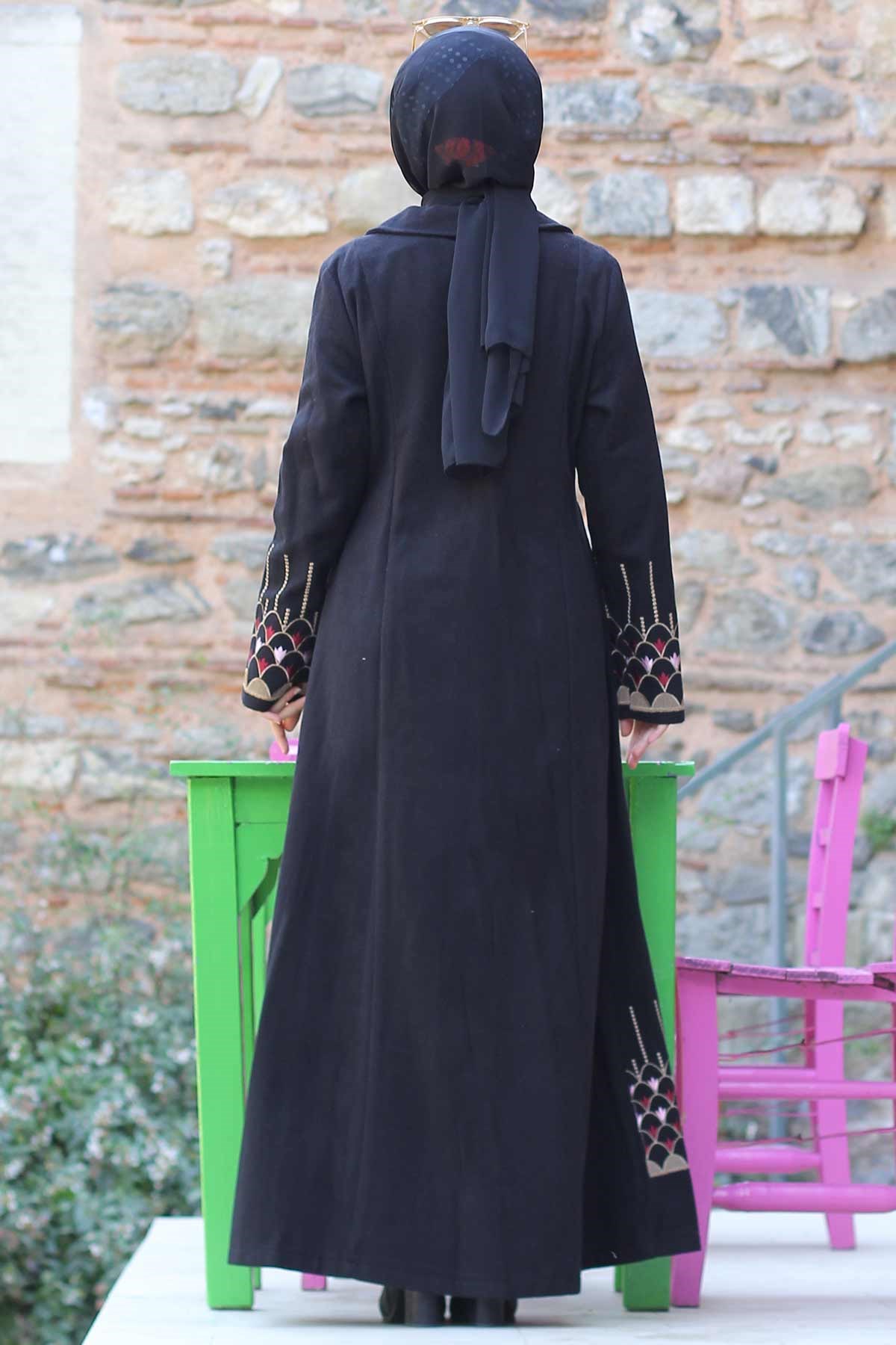 Nakış Detaylı Tesettür Kaşe Siyah Siyah 10159-1