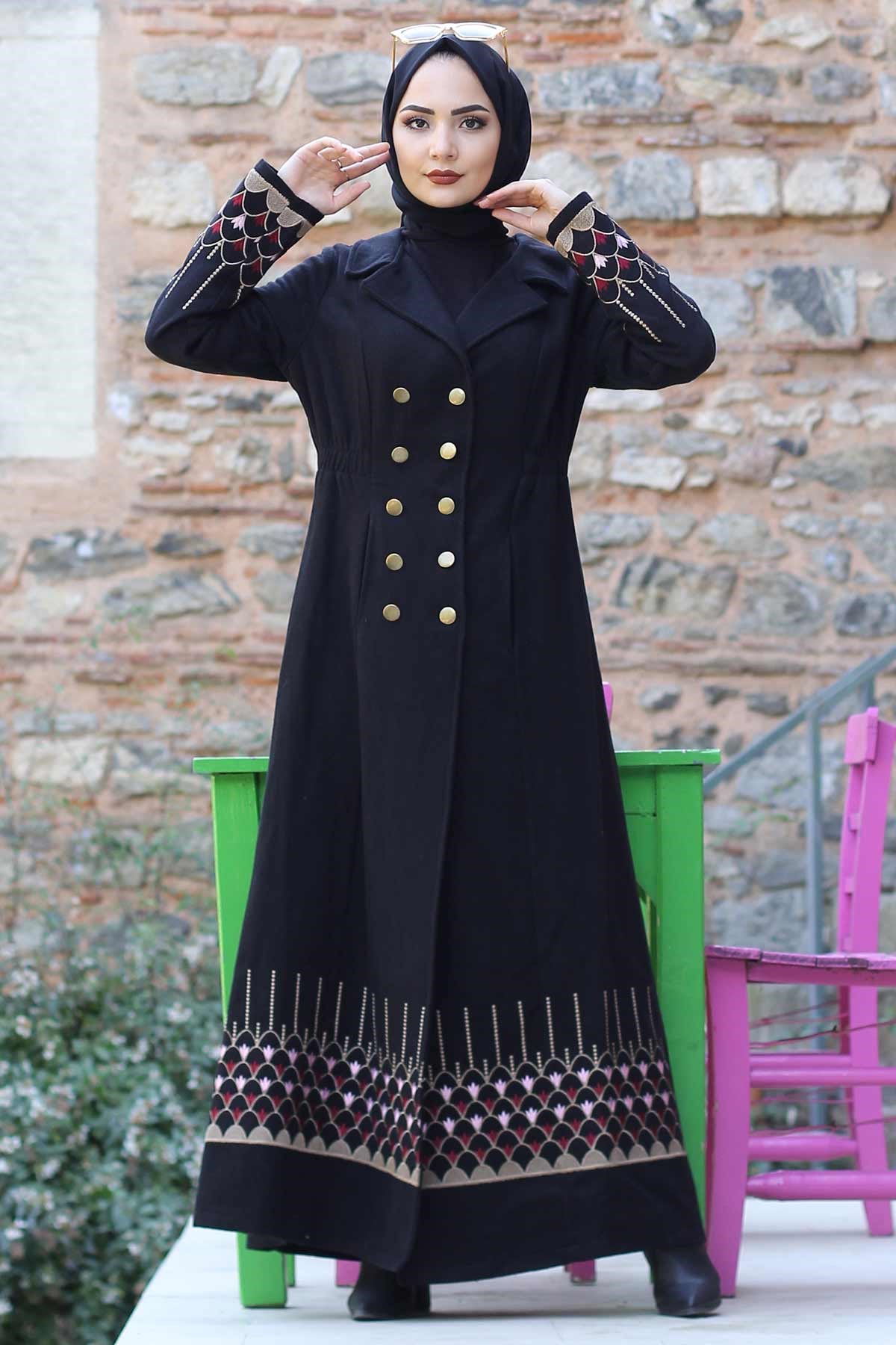 Nakış Detaylı Tesettür Kaşe Siyah Siyah 10159-1