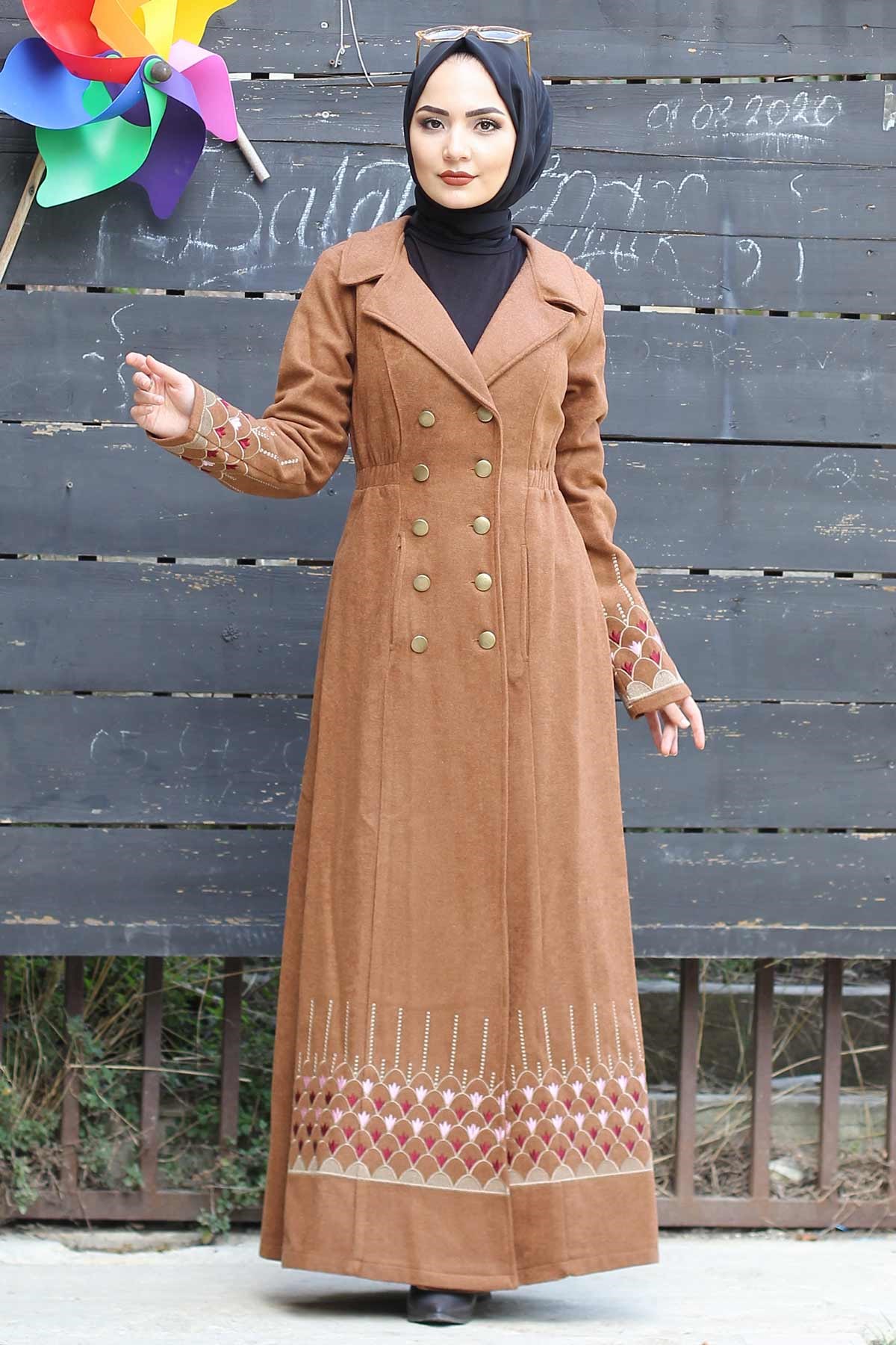 Nakış Detaylı Tesettür Kaşe Taba Taba 10159-6