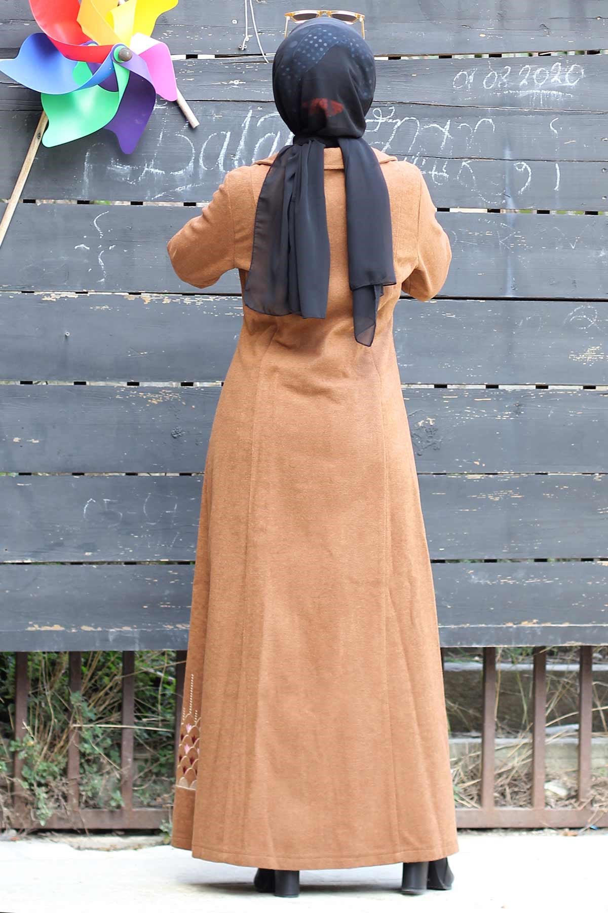Nakış Detaylı Tesettür Kaşe Taba Taba 10159-6