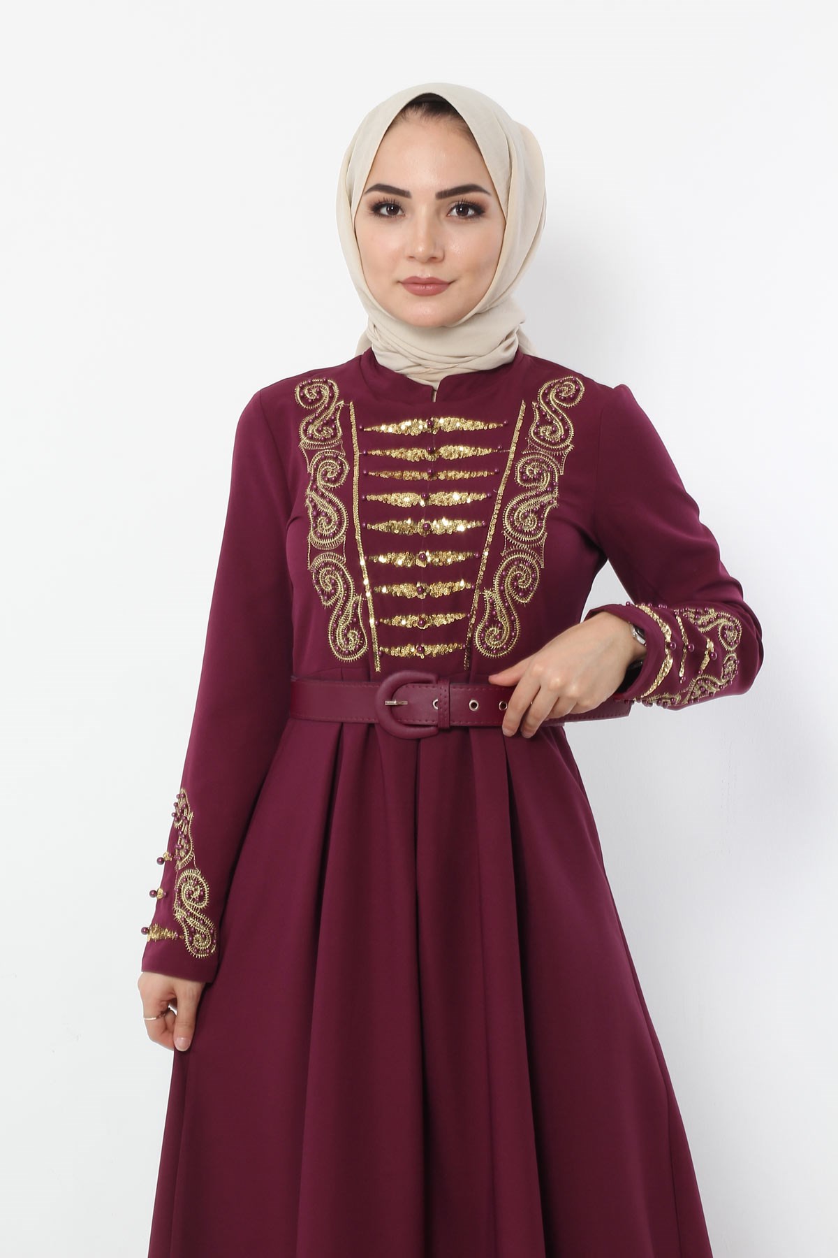 Nakışlı İncili Tesettür Elbise Mürdüm Mürdüm 10065-3