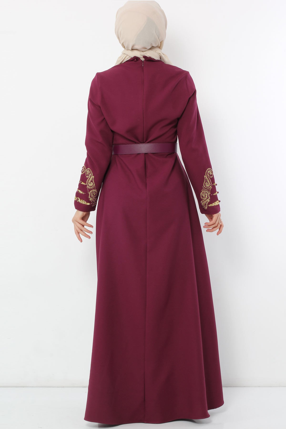 Nakışlı İncili Tesettür Elbise Mürdüm Mürdüm 10065-3