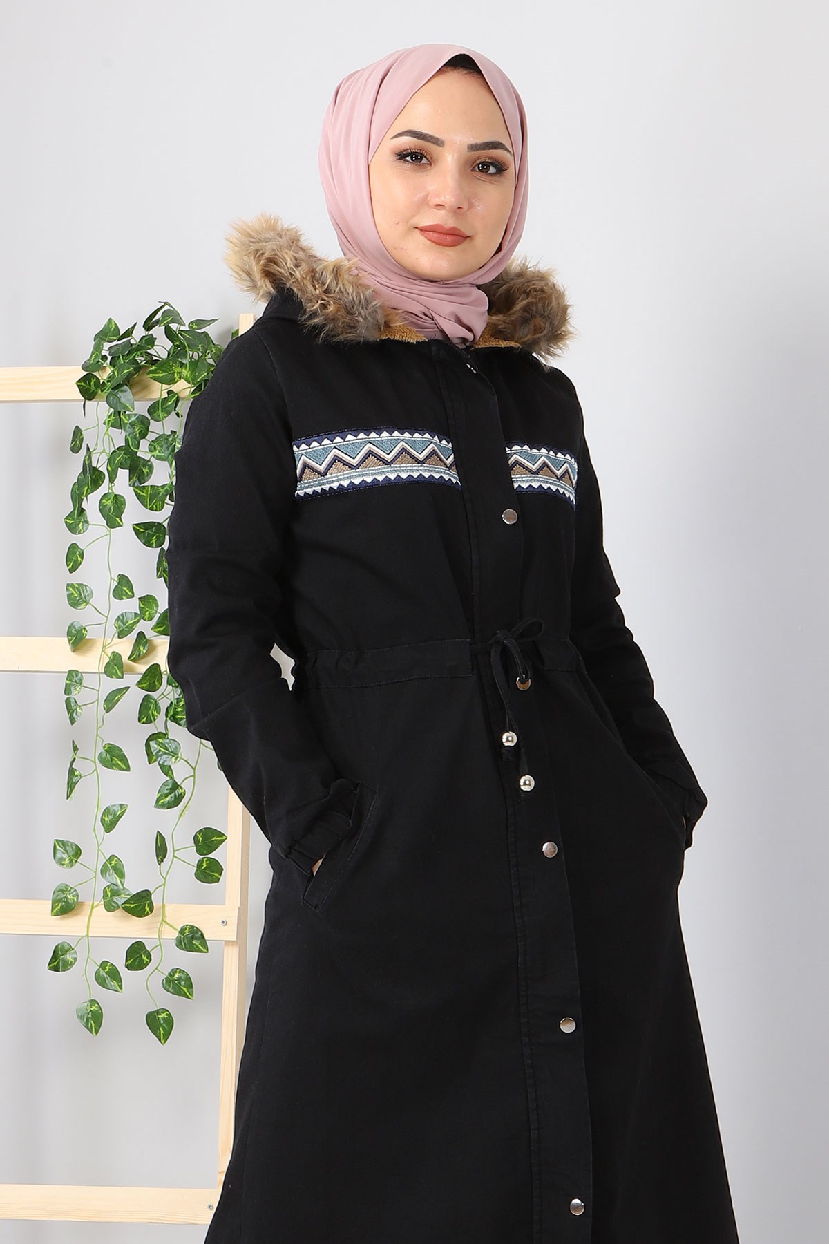 Nakışlı Kot Mont Siyah 9492