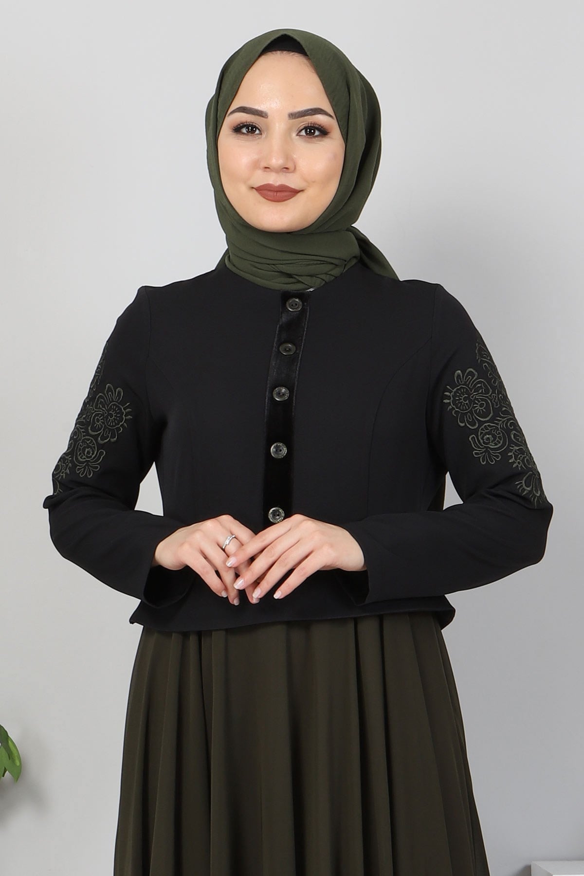 Nakışlı Şifon Abiye Haki 9888