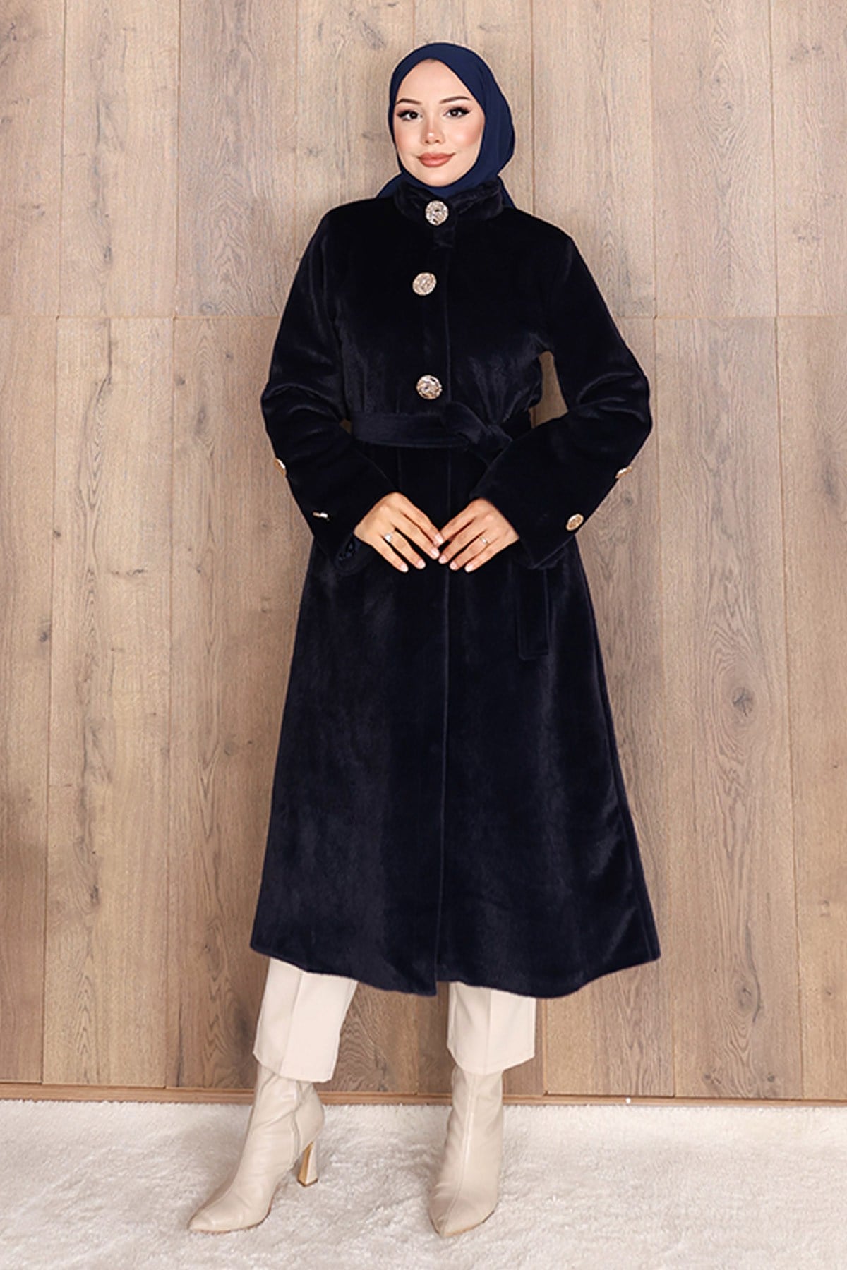 Nazen Kuşaklı Uzun Angora Kaban Lacivert 1311