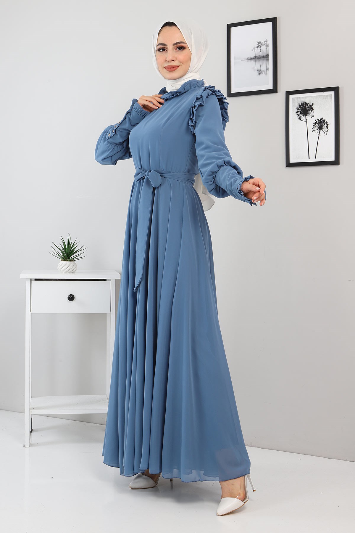 Omuzu Fırfırlı Şifon Abiye Bebe Mavisi 10802