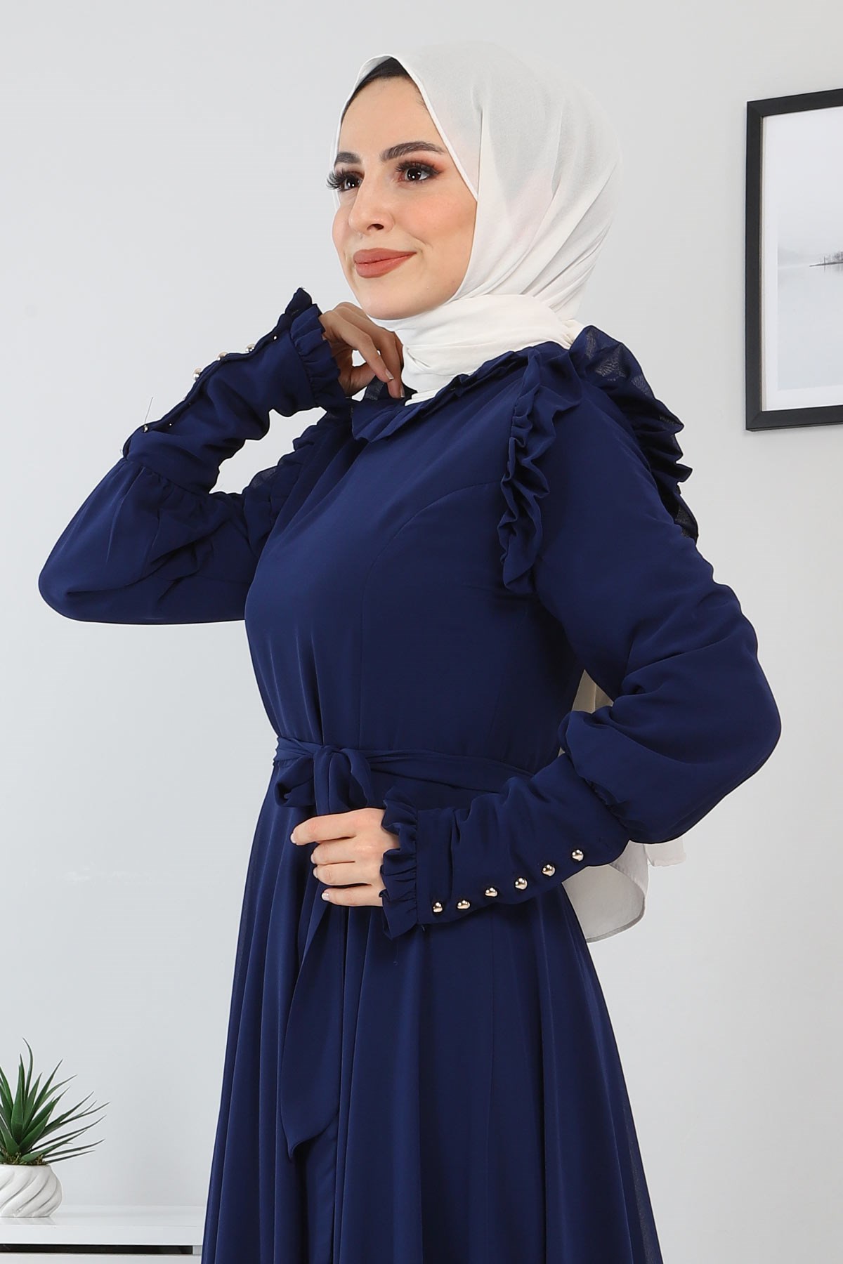 Omuzu Fırfırlı Şifon Abiye İndigo 10802