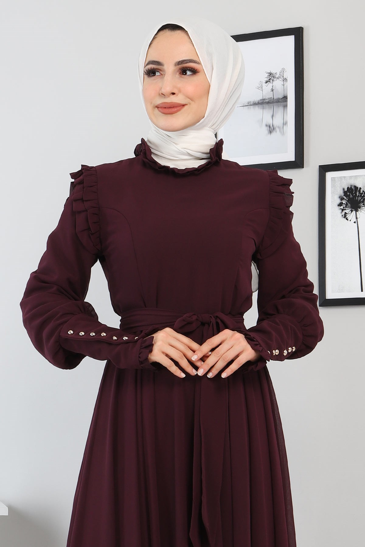 Omuzu Fırfırlı Şifon Abiye Mürdüm 10802