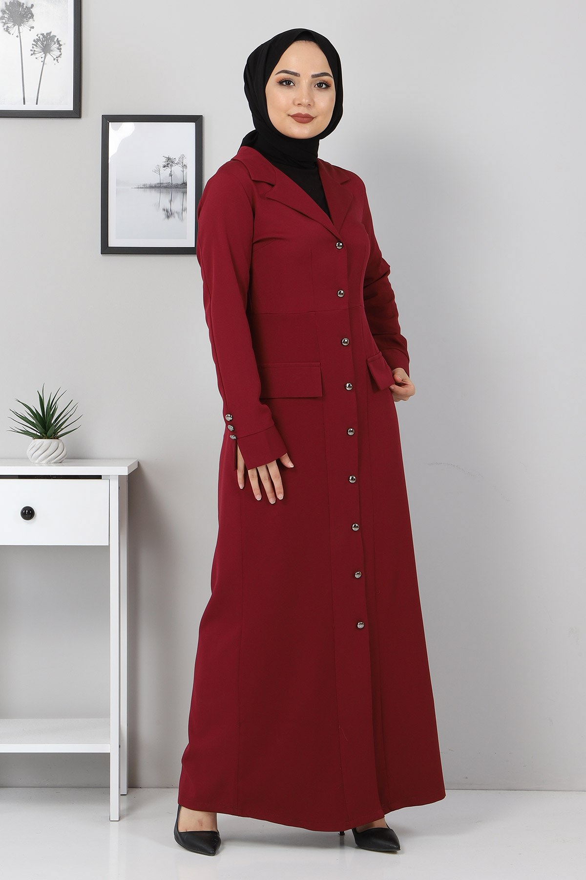 Önden Düğmeli Elbise Bordo 10429