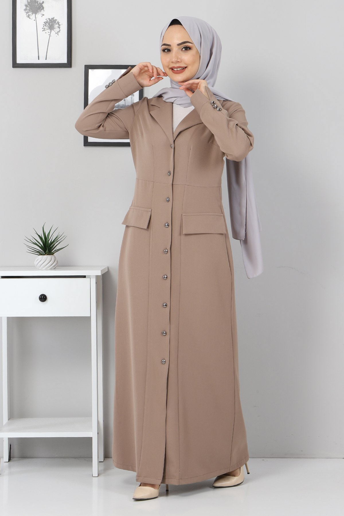 Önden Düğmeli Elbise Vizon 10429