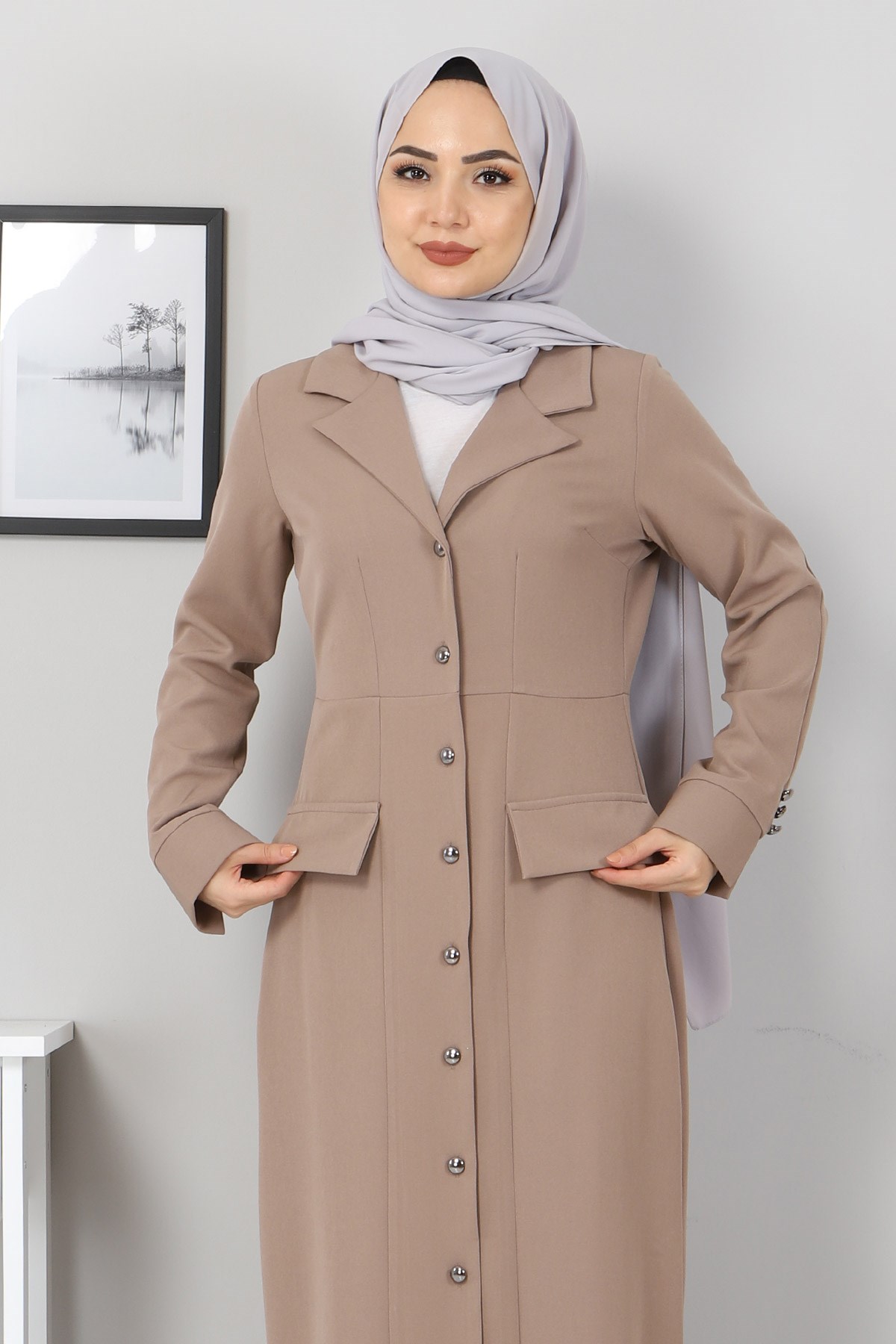 Önden Düğmeli Elbise Vizon 10429