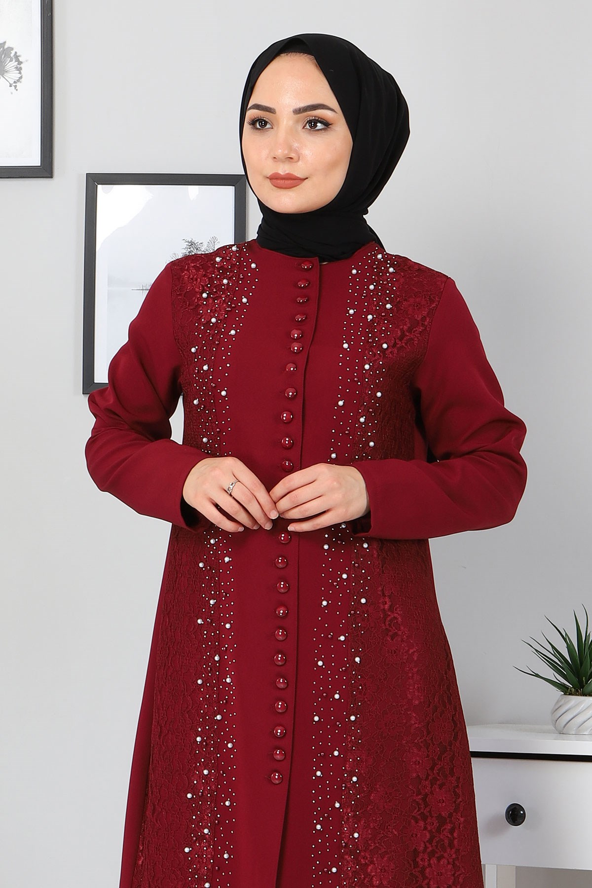 Önden Düğmeli Tesettür Kombin Bordo 9378