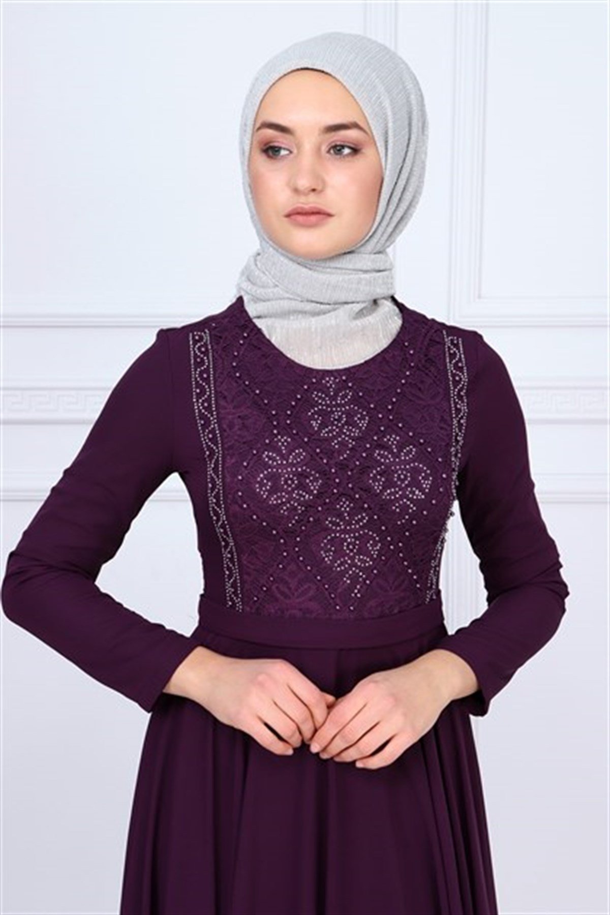 Önü Taş Ve İnci Detaylı Tesettür Elbise Mor Mor 9346-3-38