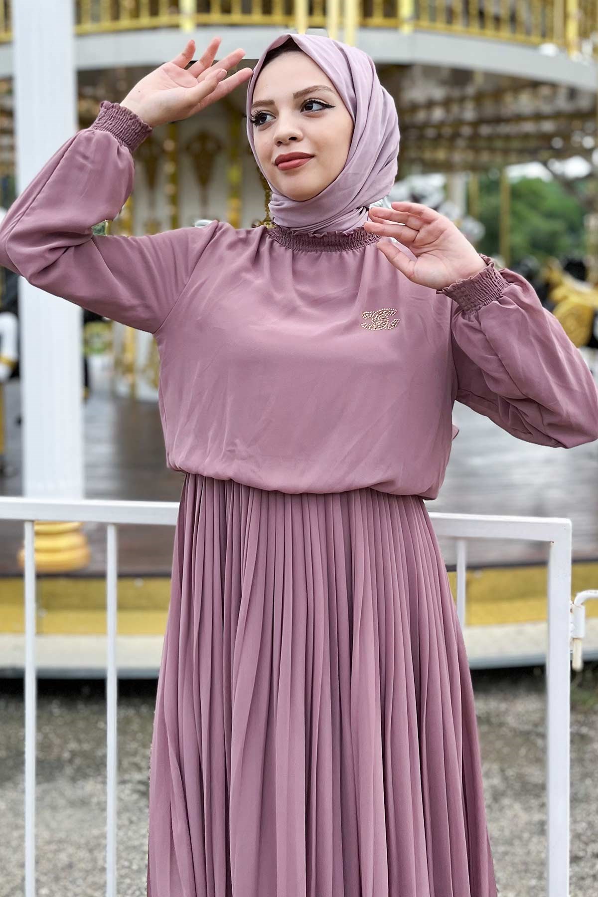 Pileli Şifon Abiye Gül Kurusu 14401