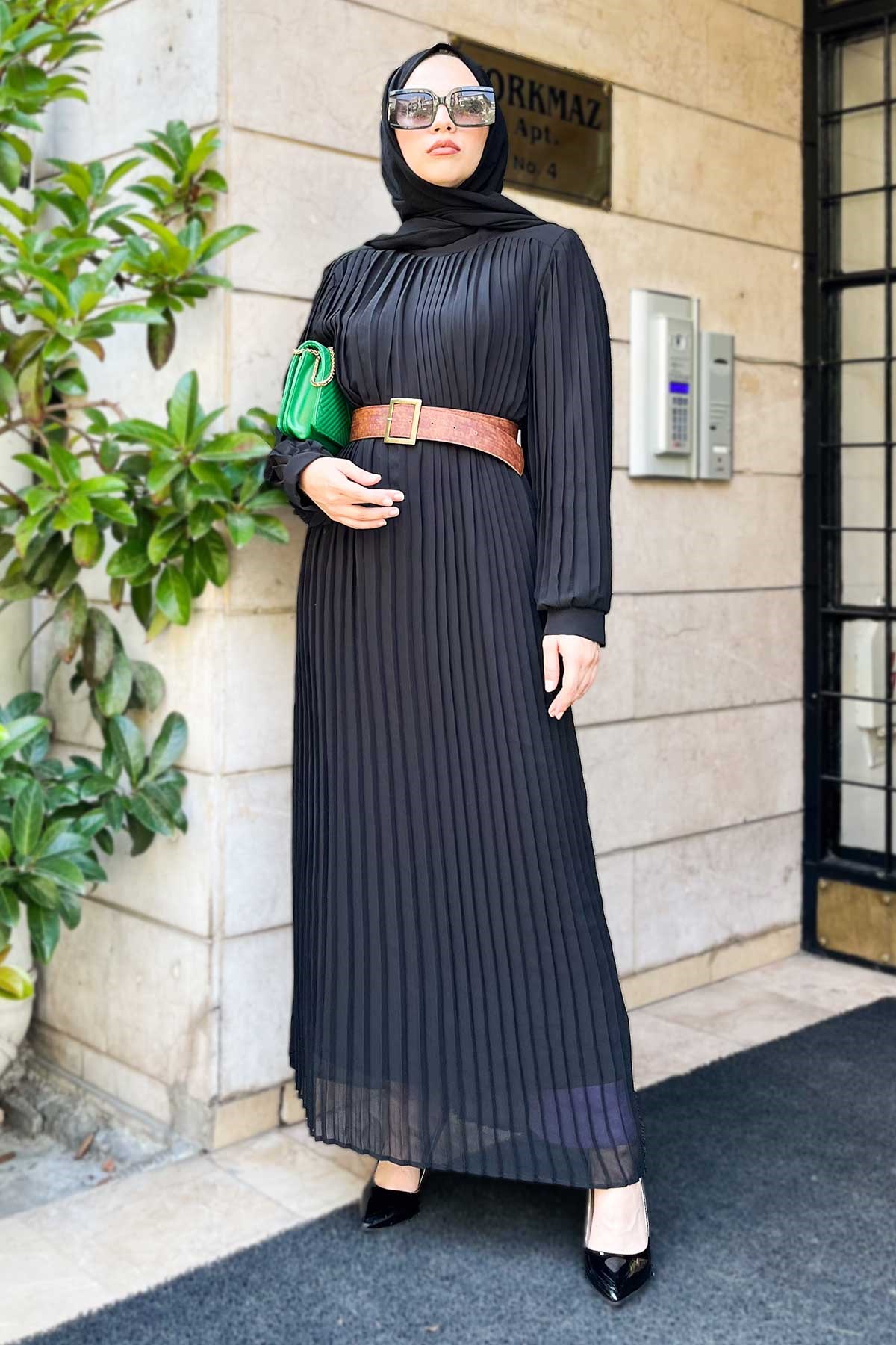 Piliseli Kemerli Abiye Siyah 16400