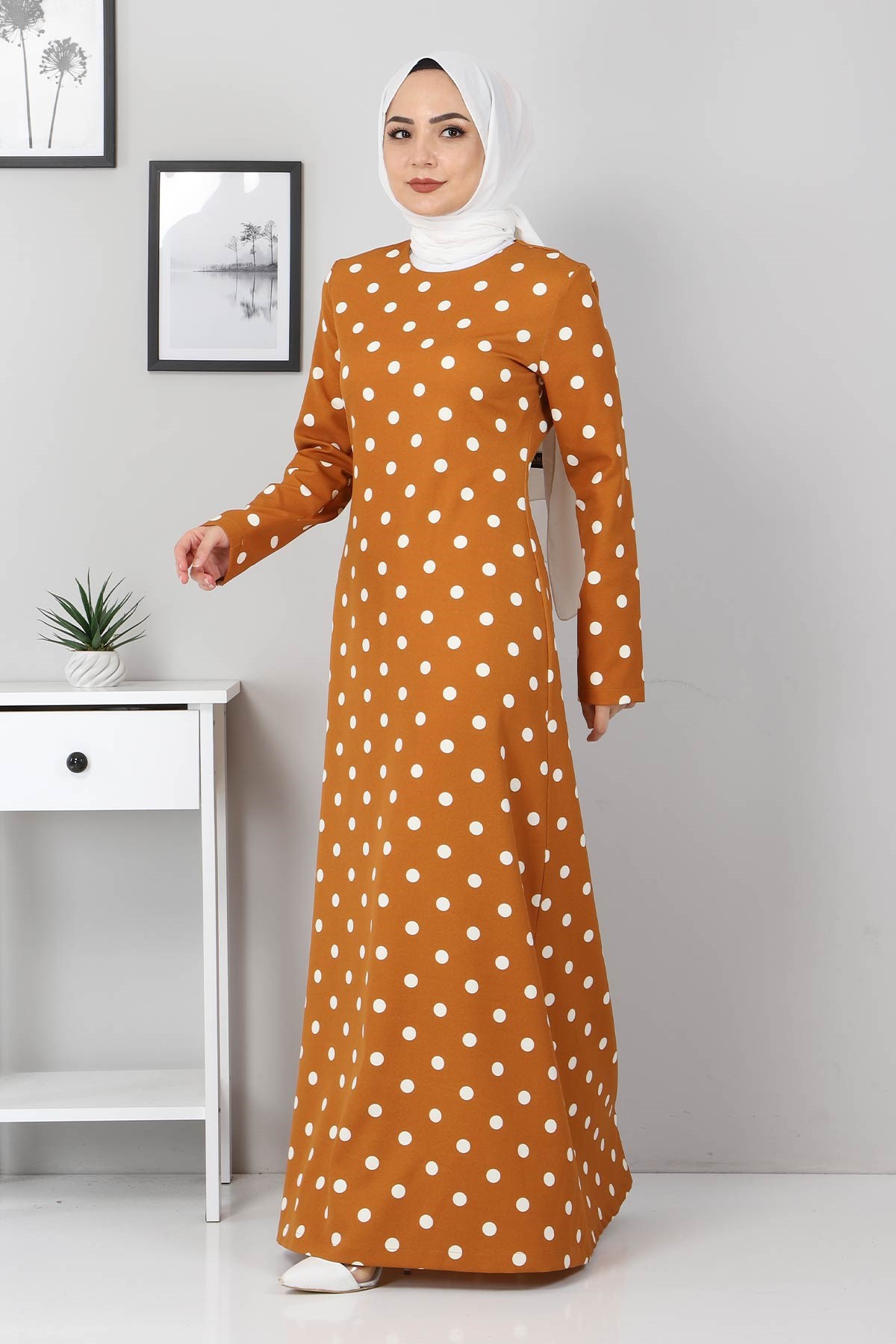 Puantiyeli Elbise Taba 8927
