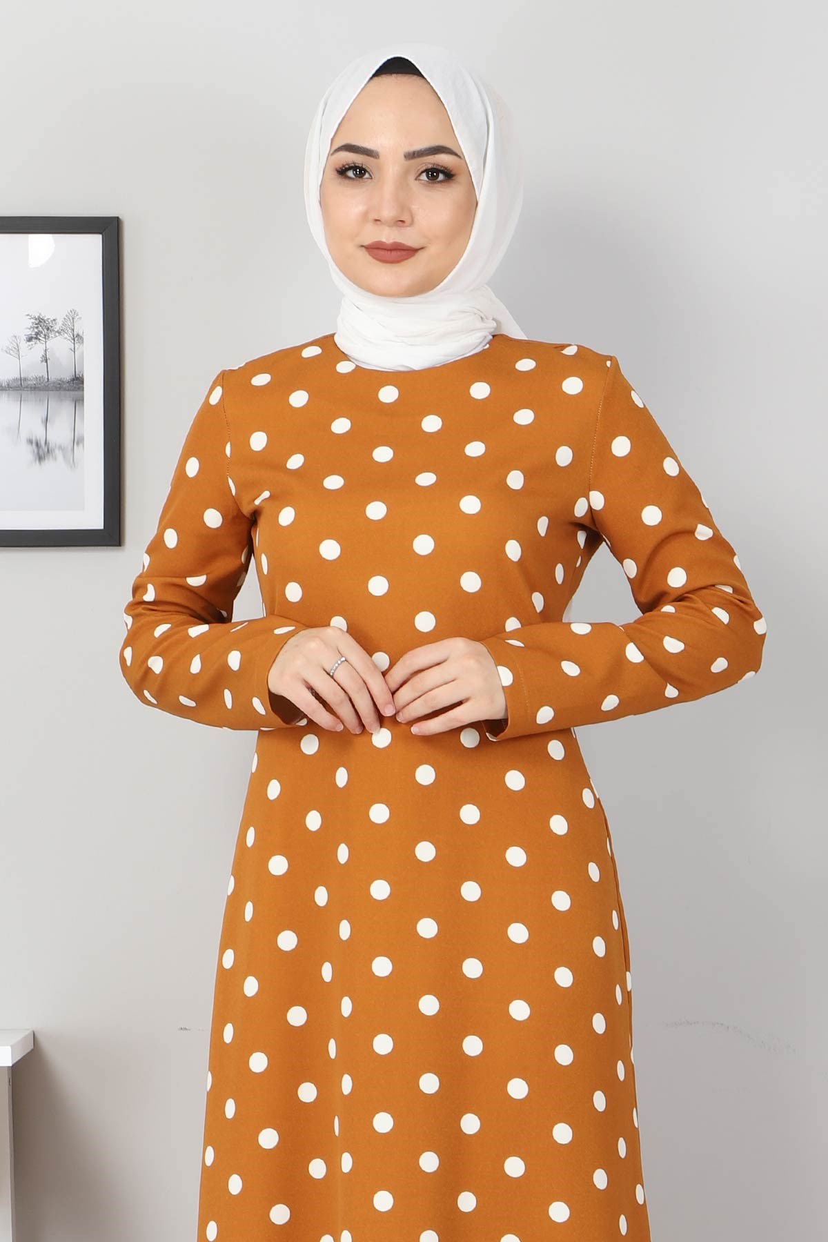 Puantiyeli Elbise Taba 8927