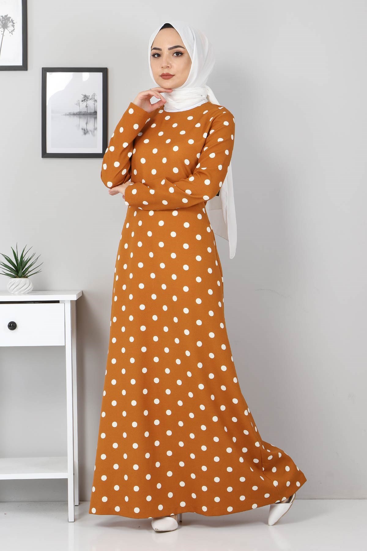 Puantiyeli Elbise Taba 8927